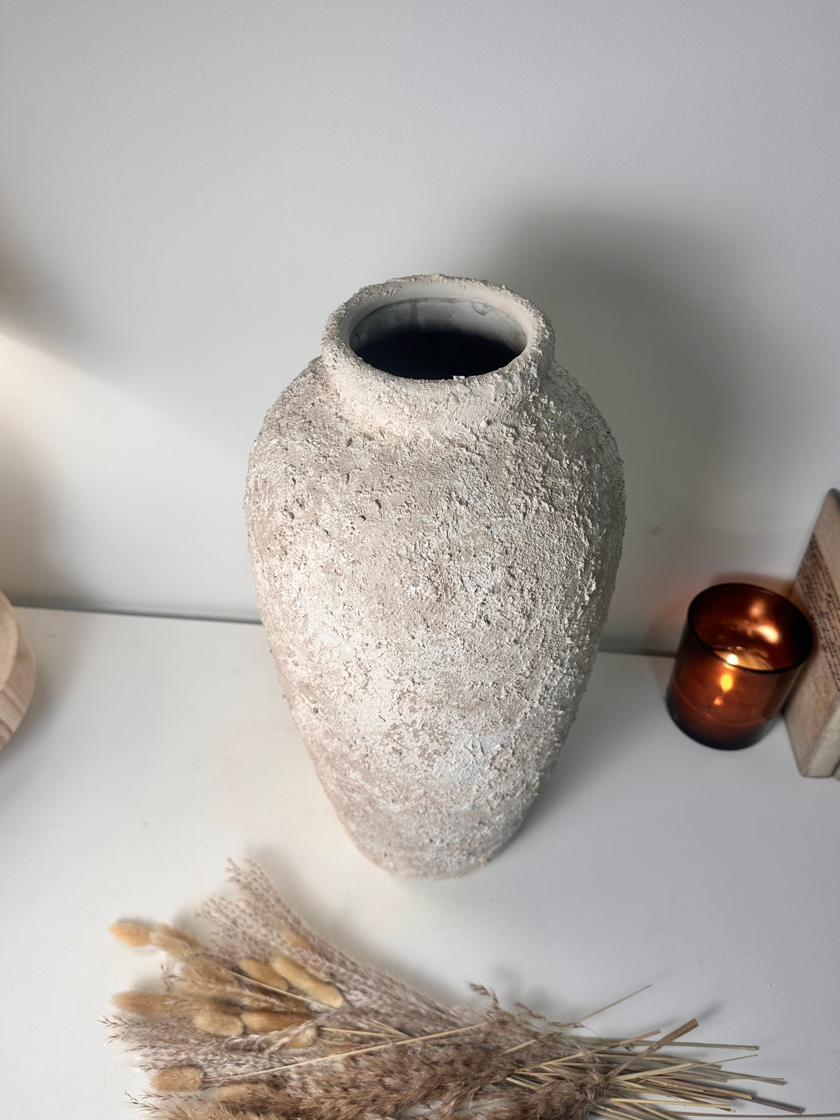 Minimalist Textured Hand-painted Ceramic Vase 17.5" tall - Cream Sand wash (Model A)