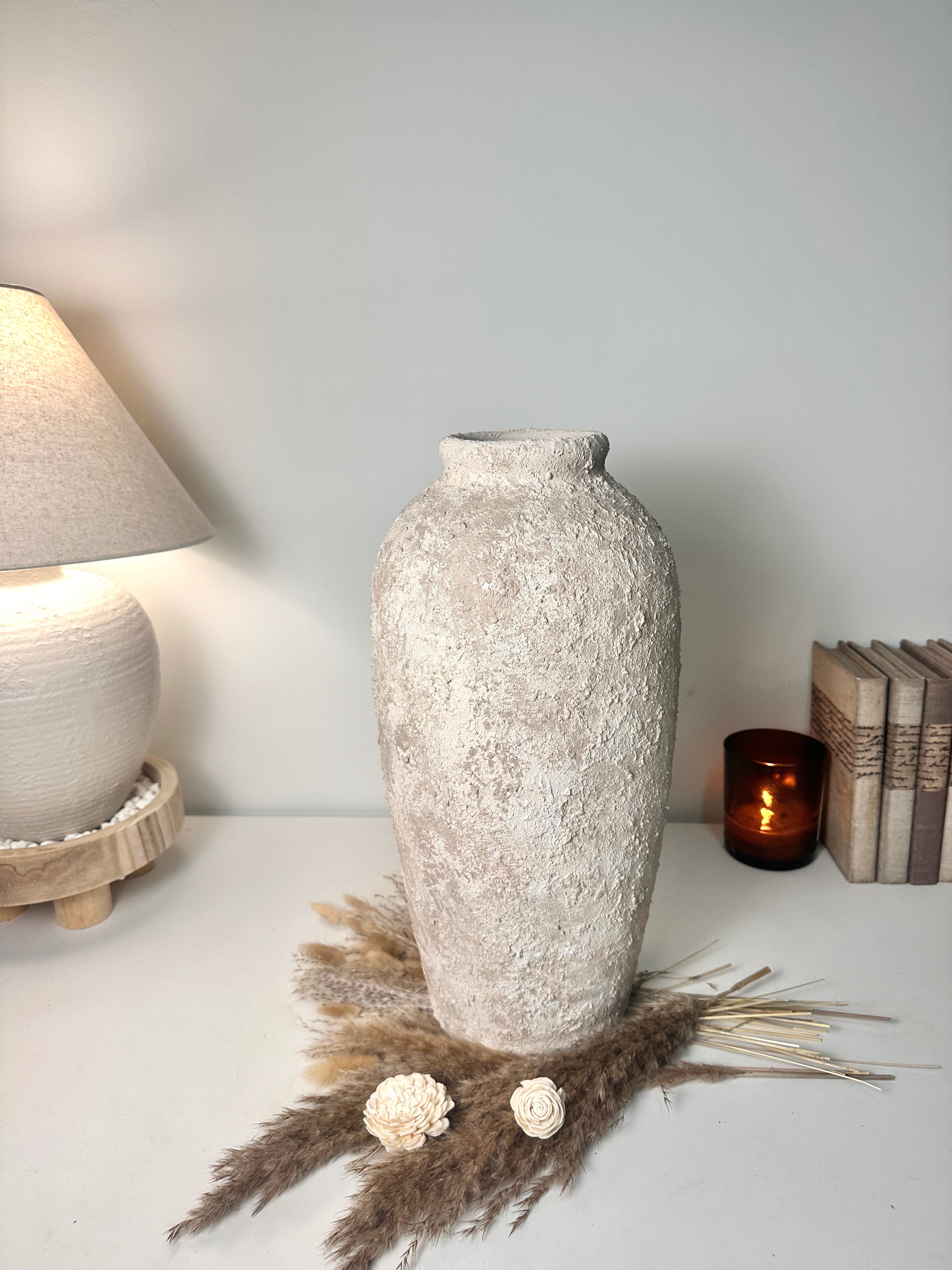 Minimalist Textured Hand-painted Ceramic Vase 17.5" tall - Cream Sand wash (Model A)