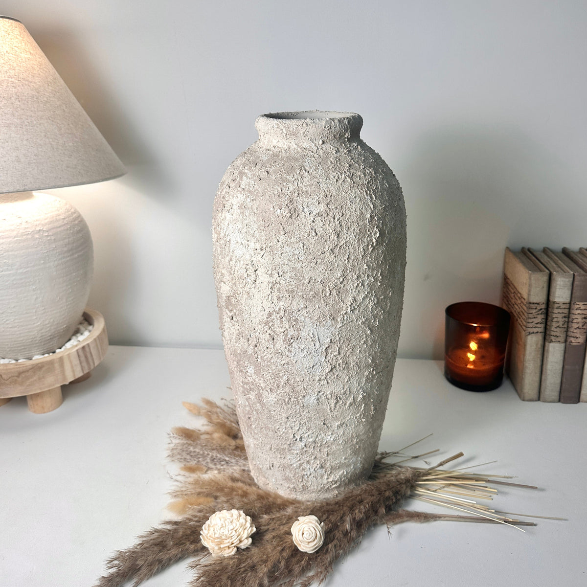 Minimalist Textured Hand-painted Ceramic Vase 17.5" tall - Cream Sand wash (Model A)