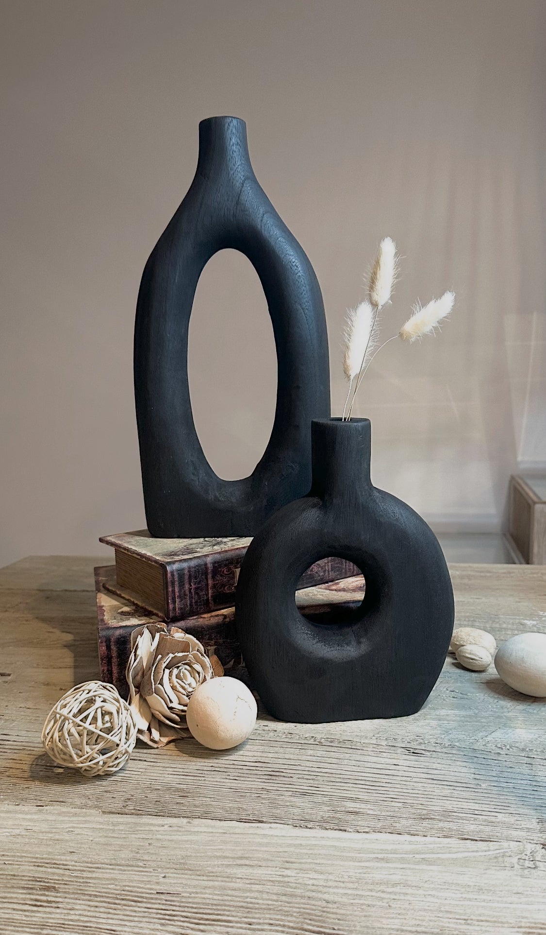 Handcrafted Black Paulownia Wood Decorative Vase, Modern Minimalist Design, Sculptural Art Piece
