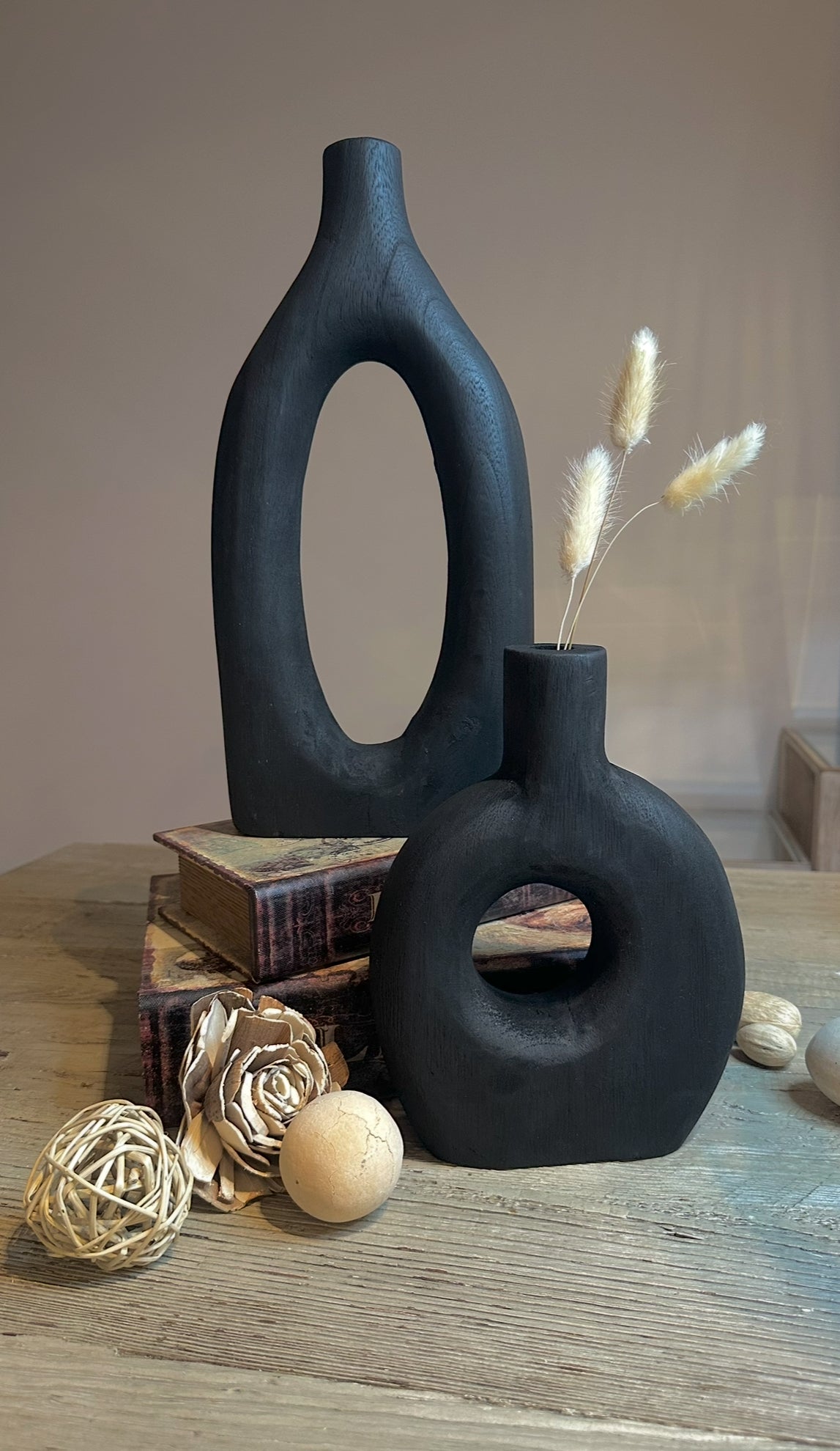 Handcrafted Black Paulownia Wood Decorative Vase, Modern Minimalist Design, Sculptural Art Piece