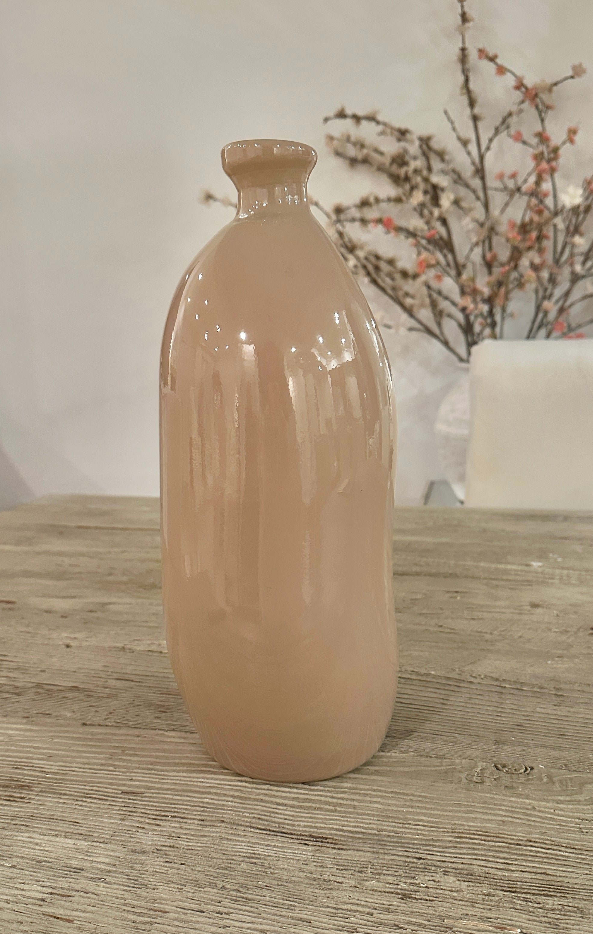 Contemporary Spanish Handcrafted Decorative Glass Vase, Tan, Modern Cylindrical Design 14"