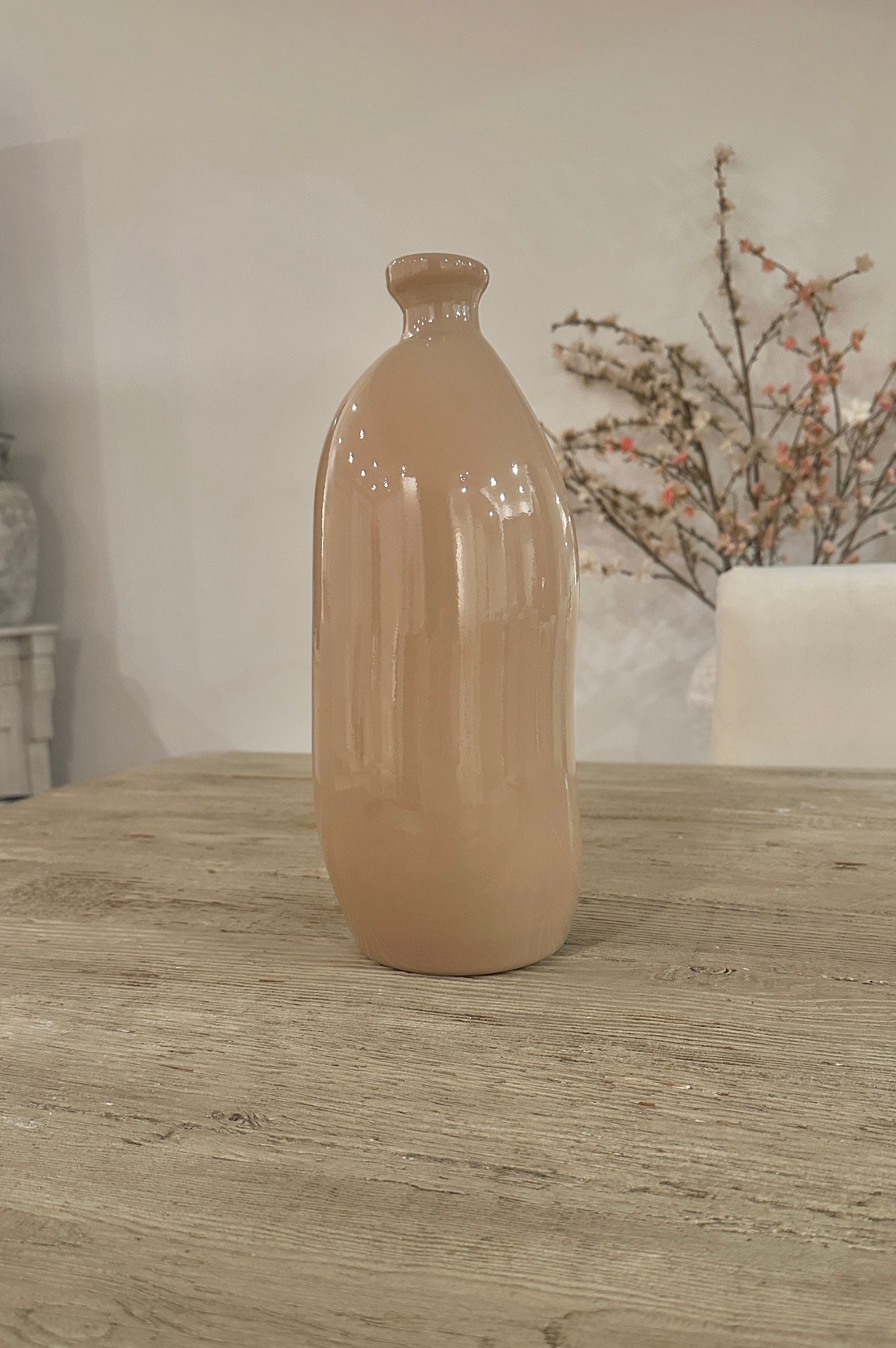 Contemporary Spanish Handcrafted Decorative Glass Vase, Tan, Modern Cylindrical Design 14"