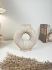 Handmade Minimalist Donut Textured Ceramic Vase - Light Beige washed 9.5" tall