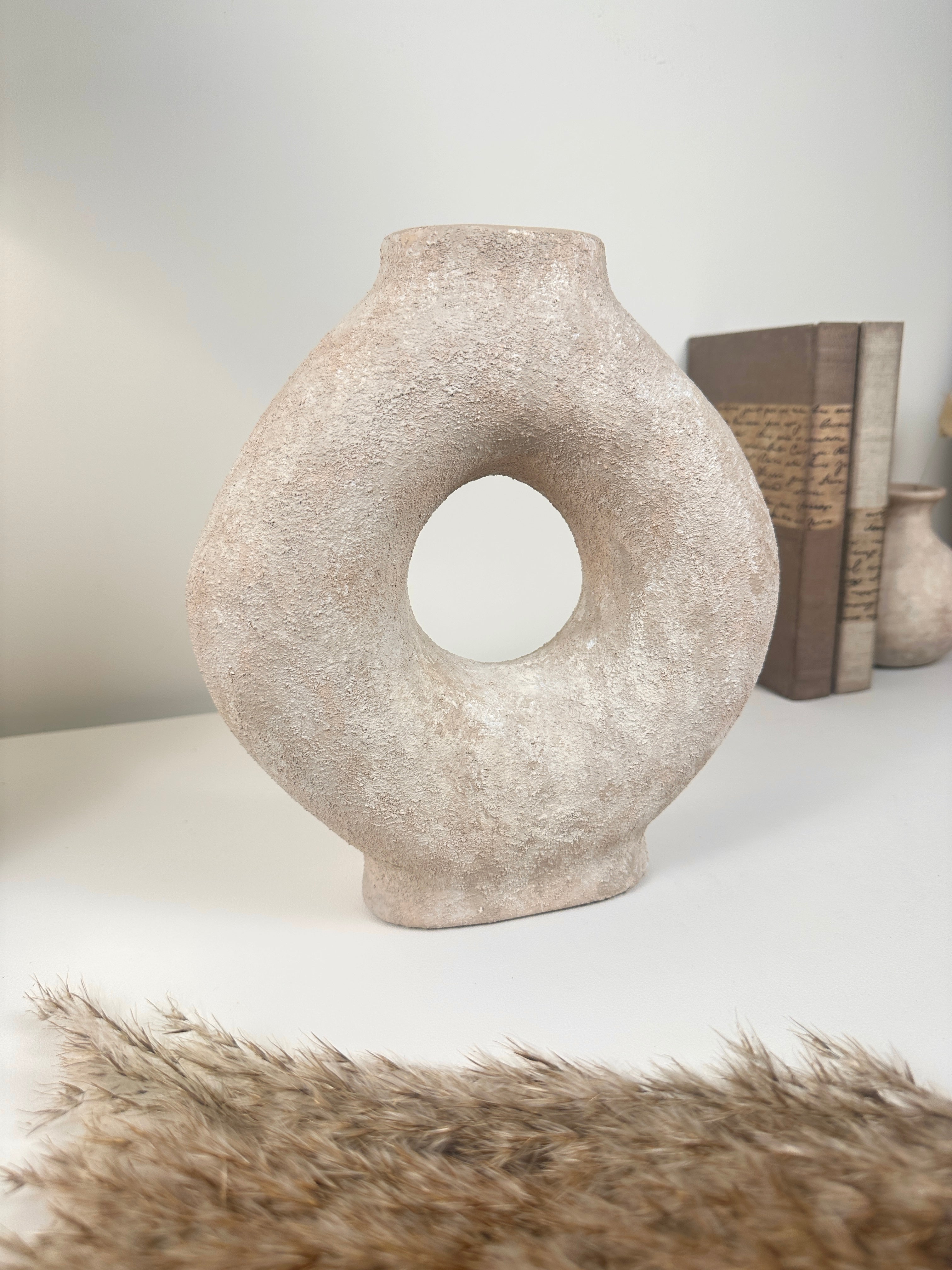 Handmade Minimalist Donut Textured Ceramic Vase - Light Beige washed 9.5" tall