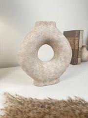 Handmade Minimalist Donut Textured Ceramic Vase - Light Beige washed 9.5" tall