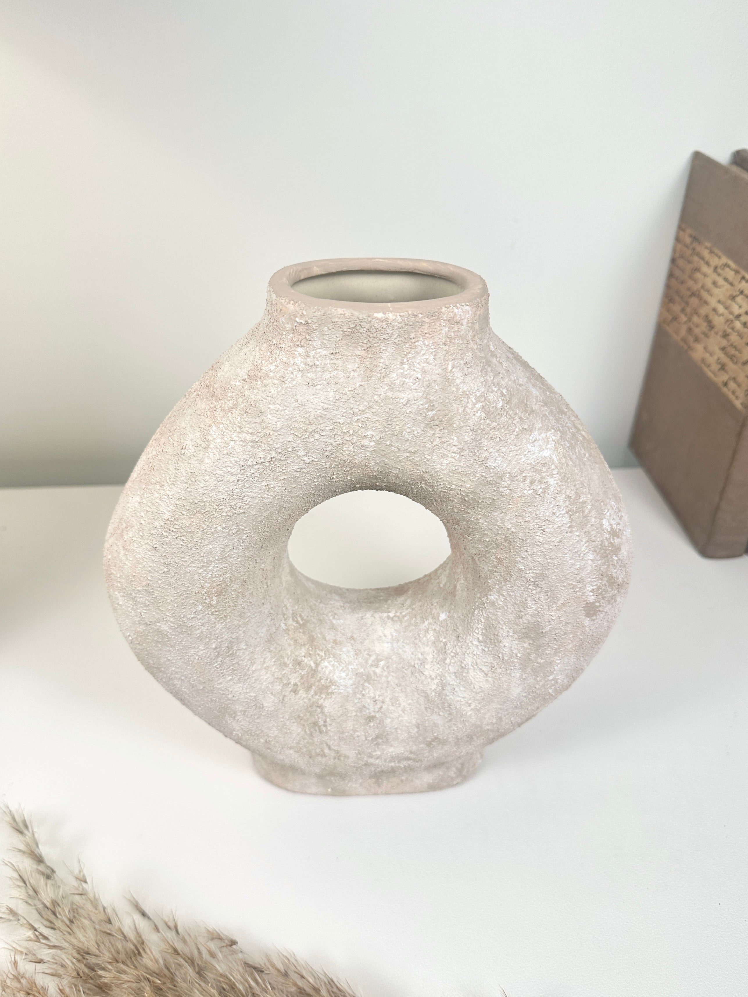 Handmade Minimalist Donut Textured Ceramic Vase - Light Beige washed 9.5" tall