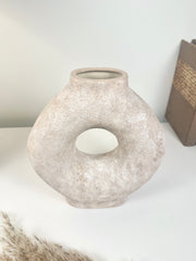 Handmade Minimalist Donut Textured Ceramic Vase - Light Beige washed 9.5" tall