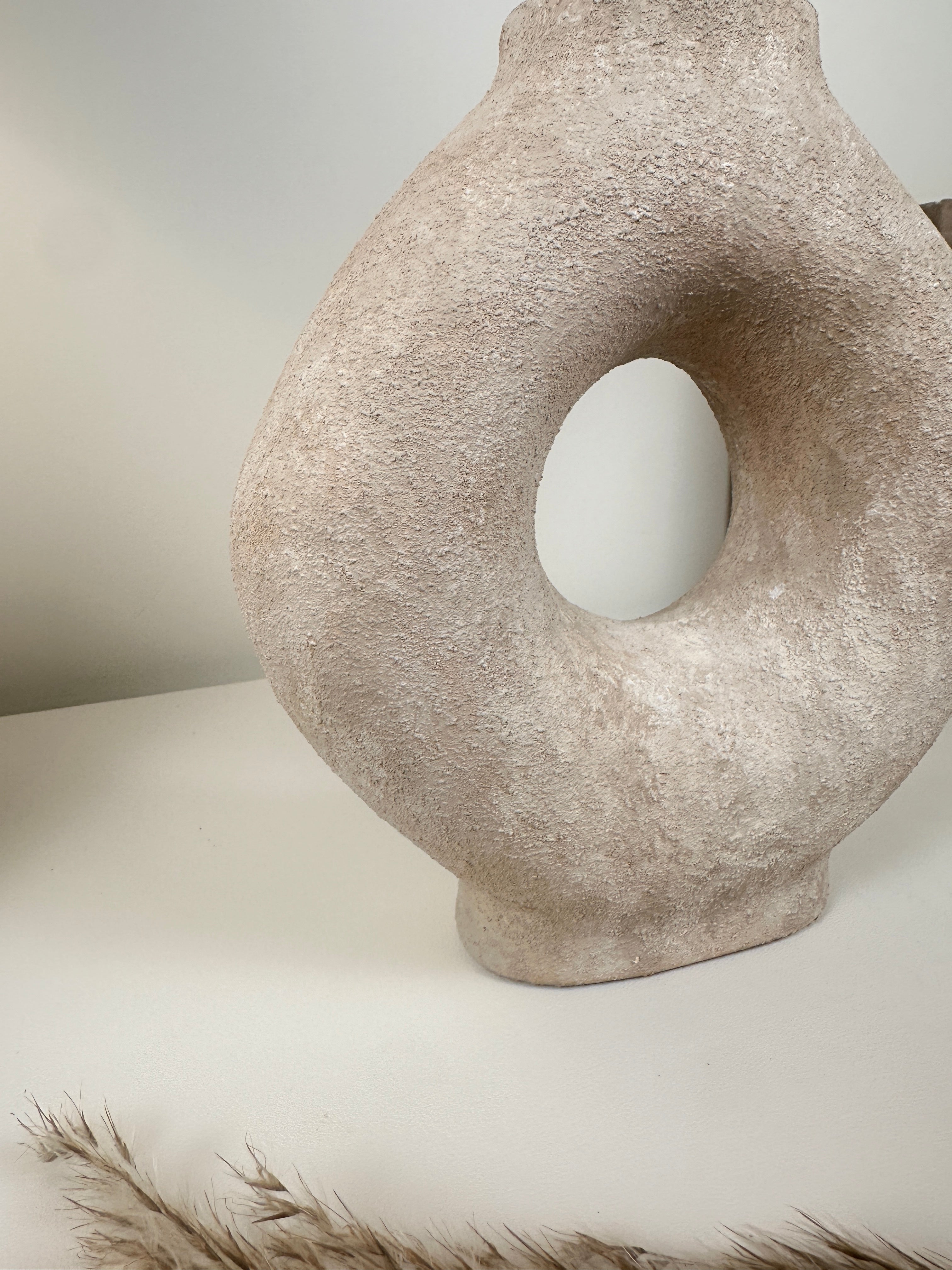 Handmade Minimalist Donut Textured Ceramic Vase - Light Beige washed 9.5" tall