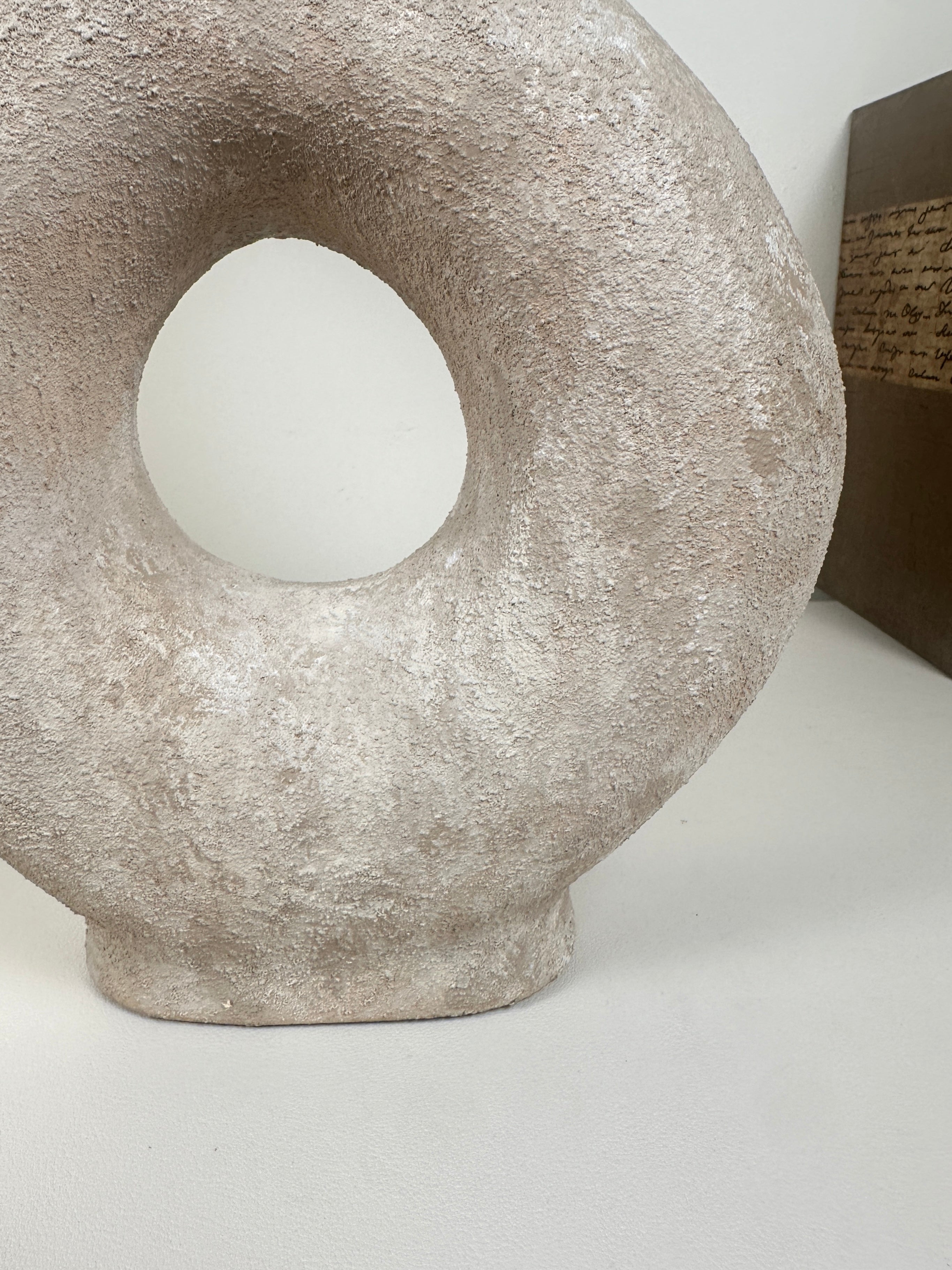 Handmade Minimalist Donut Textured Ceramic Vase - Light Beige washed 9.5" tall