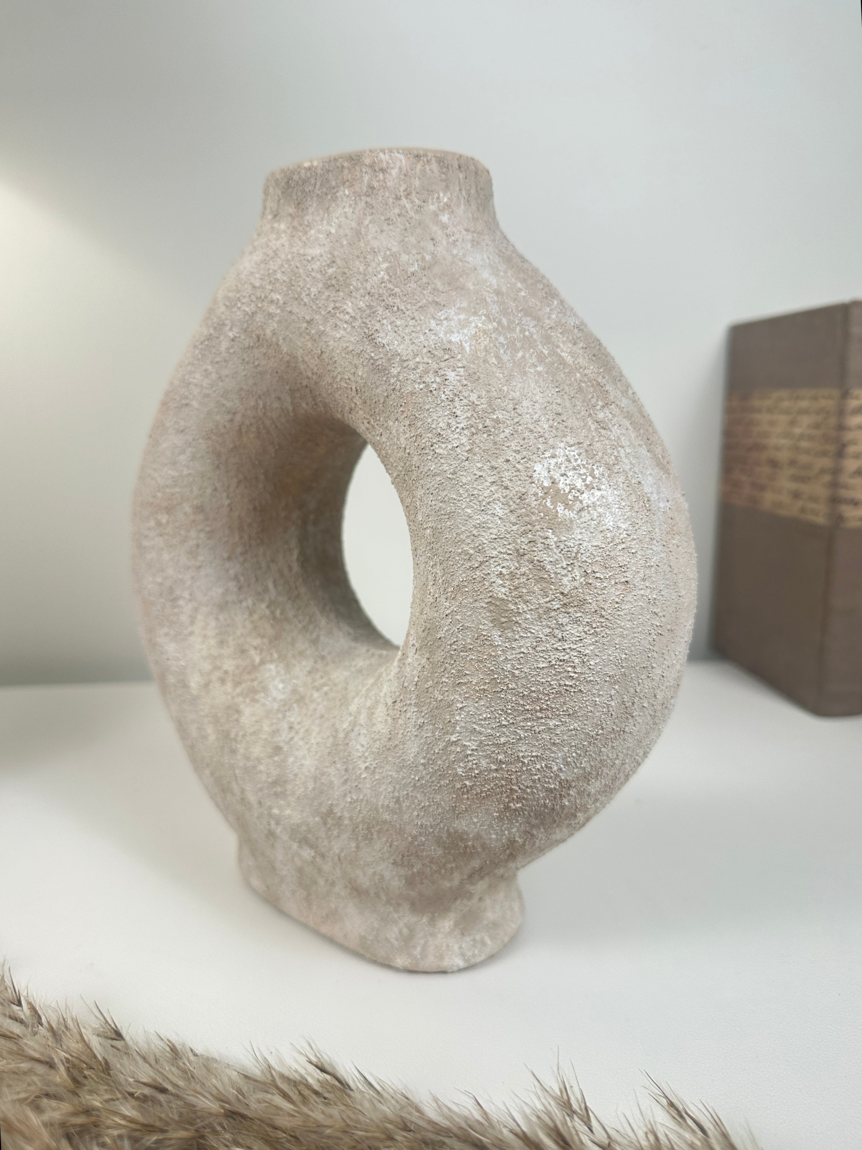 Handmade Minimalist Donut Textured Ceramic Vase - Light Beige washed 9.5" tall