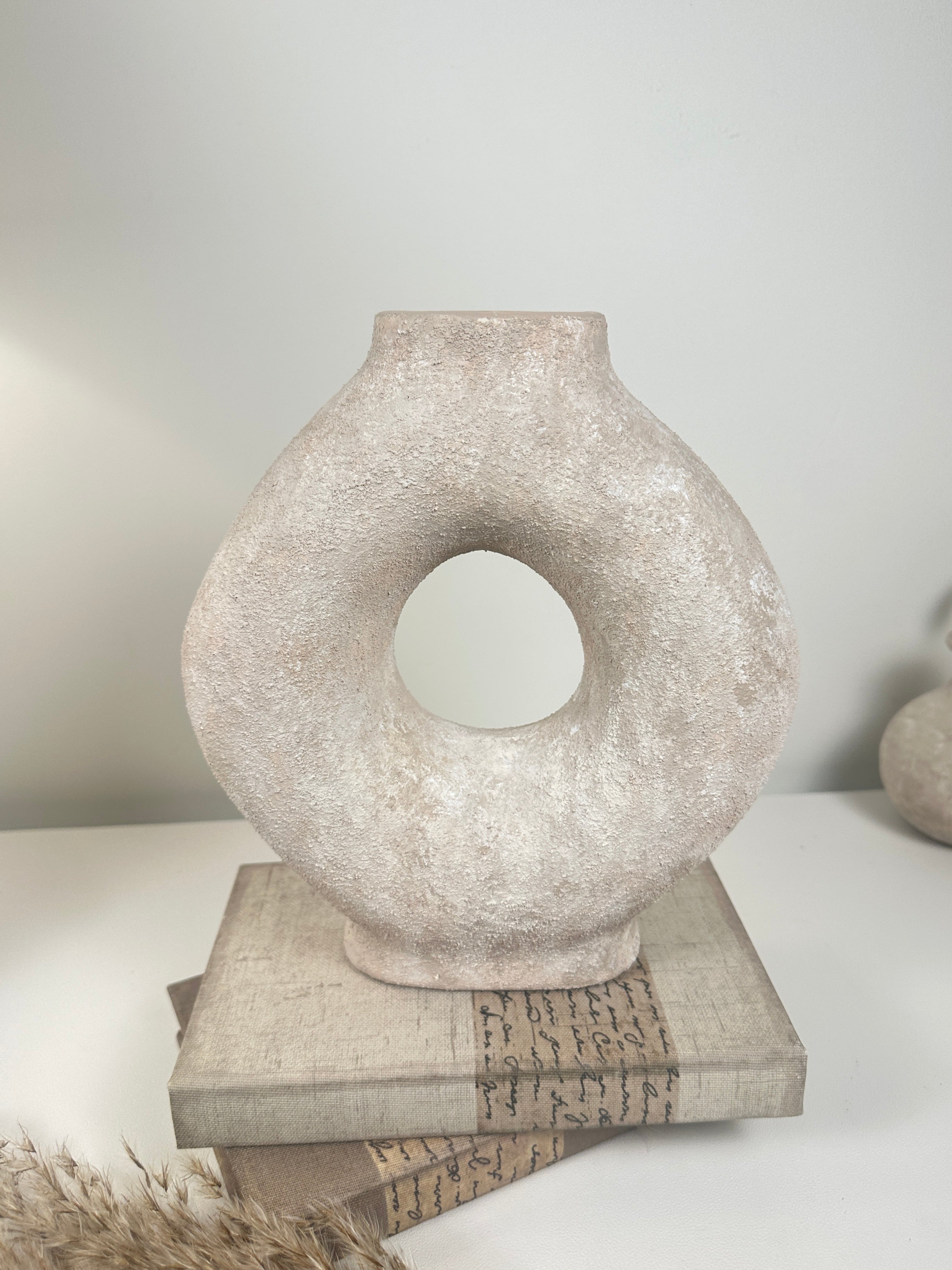 Handmade Minimalist Donut Textured Ceramic Vase - Light Beige washed 9.5" tall