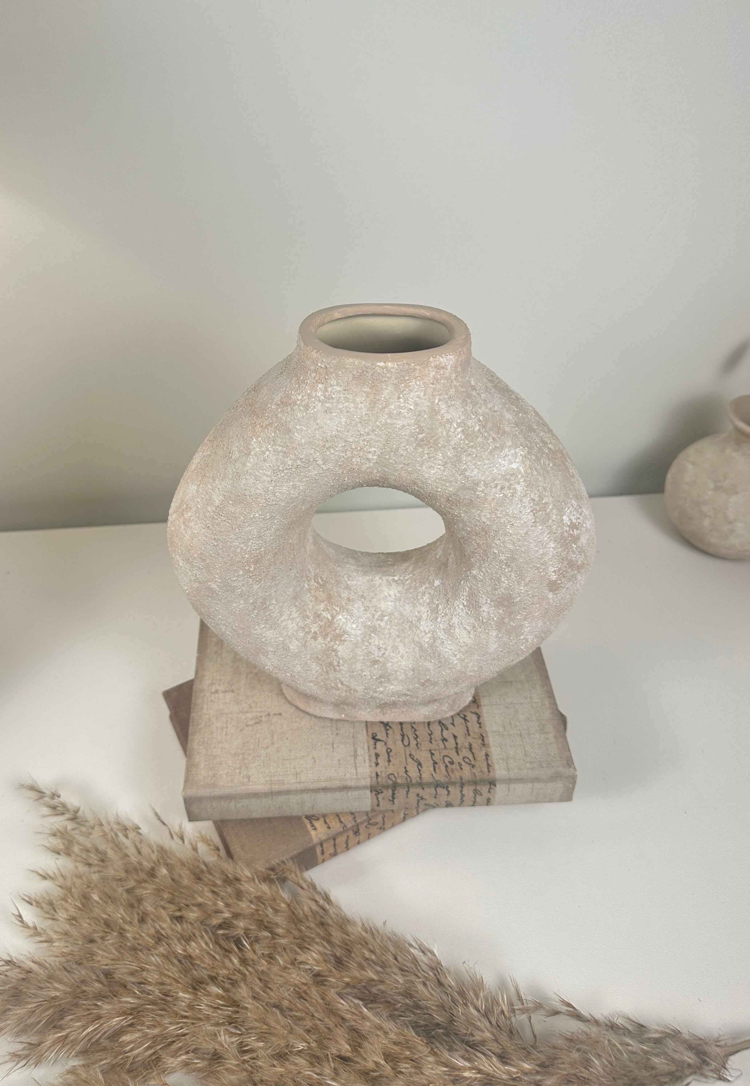 Handmade Minimalist Donut Textured Ceramic Vase - Light Beige washed 9.5" tall