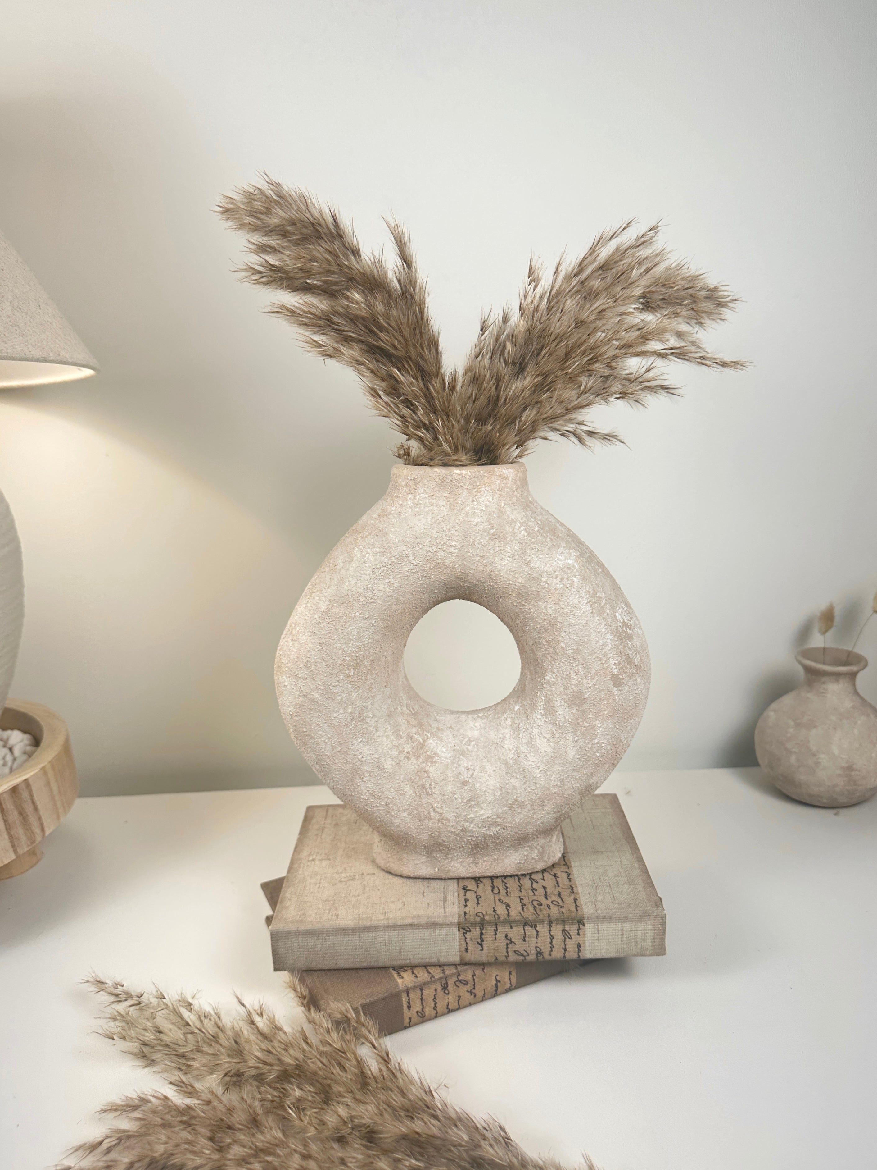 Handmade Minimalist Donut Textured Ceramic Vase - Light Beige washed 9.5" tall
