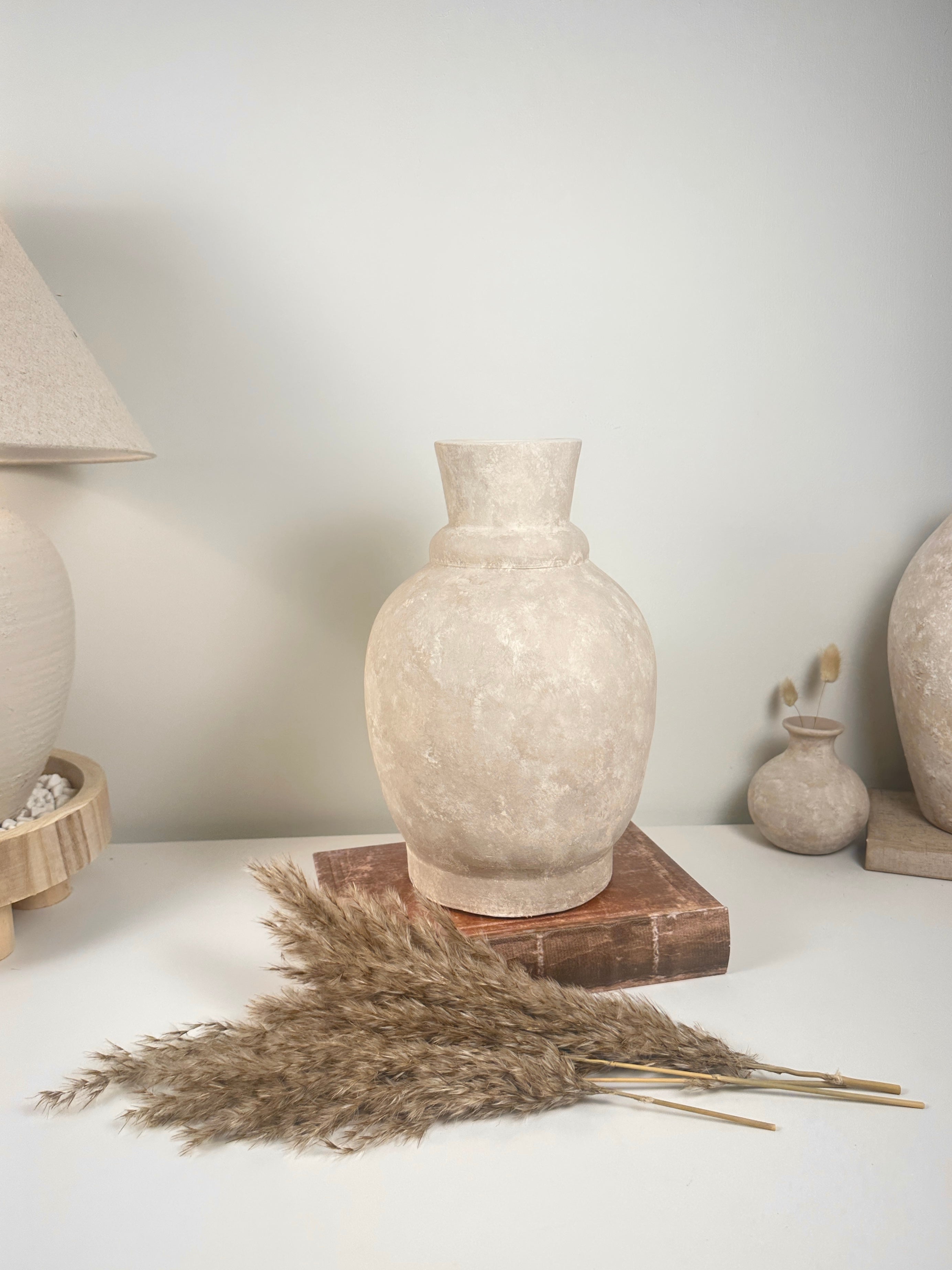Handmade Light Beige Washed Ceramic Vase 12.5" tall