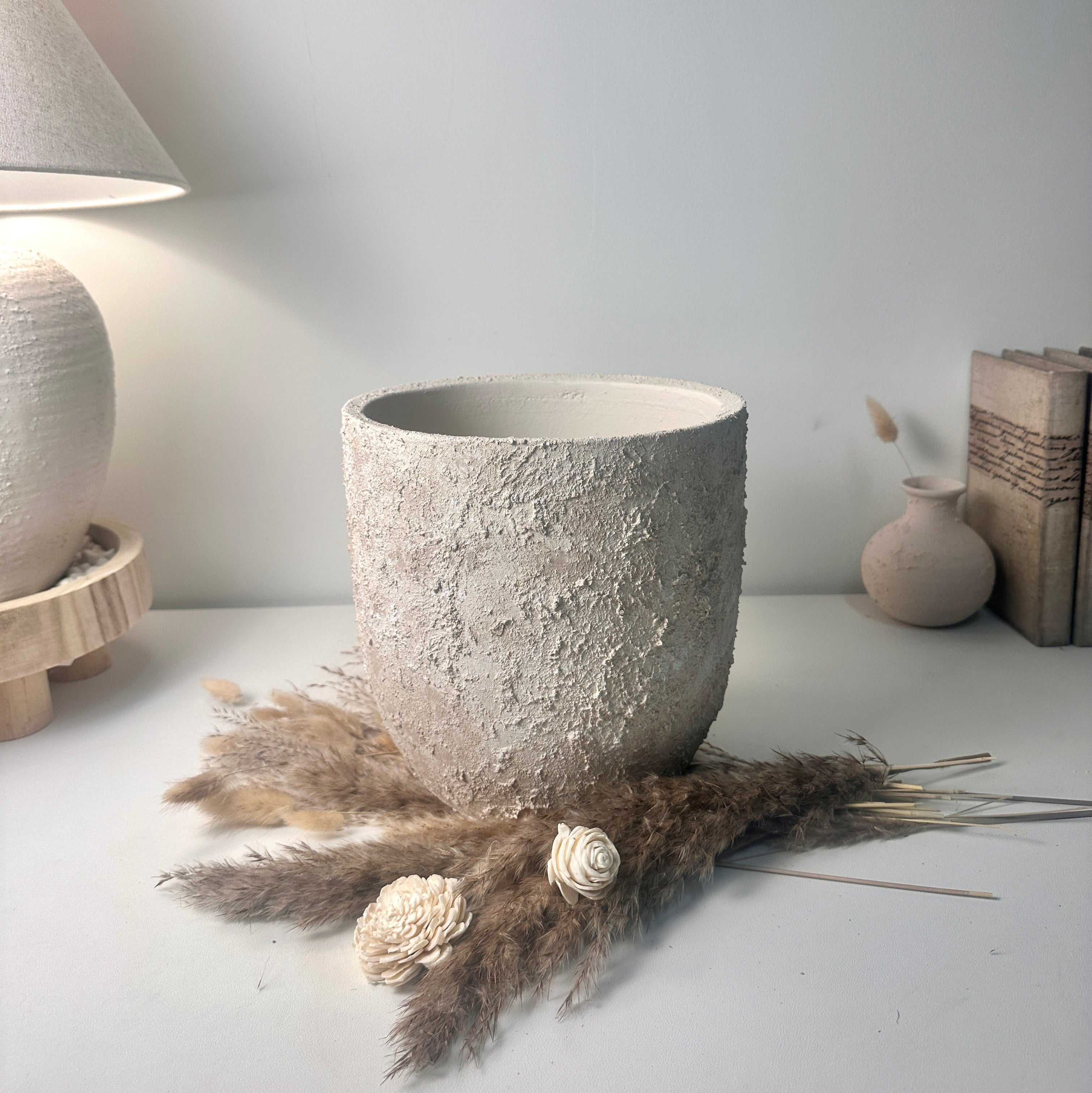 9" tall Minimalist Hand-Painted & Textured Planter Pot with drainage hole - Cream Sand wash
