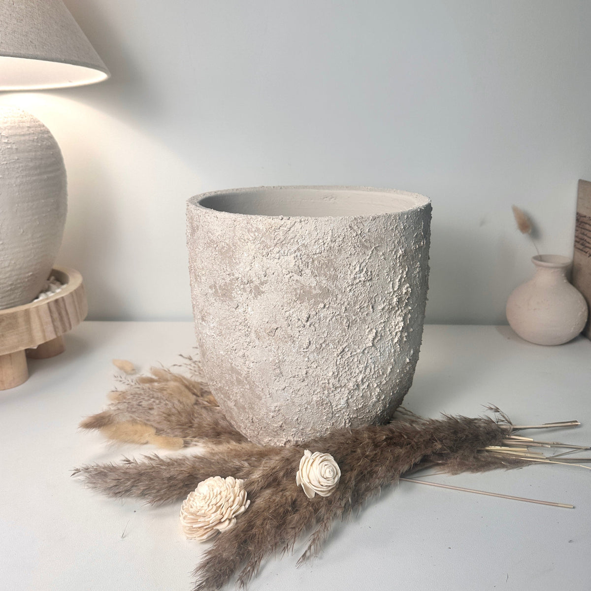 9" tall Minimalist Hand-Painted & Textured Planter Pot with drainage hole - Cream Sand wash