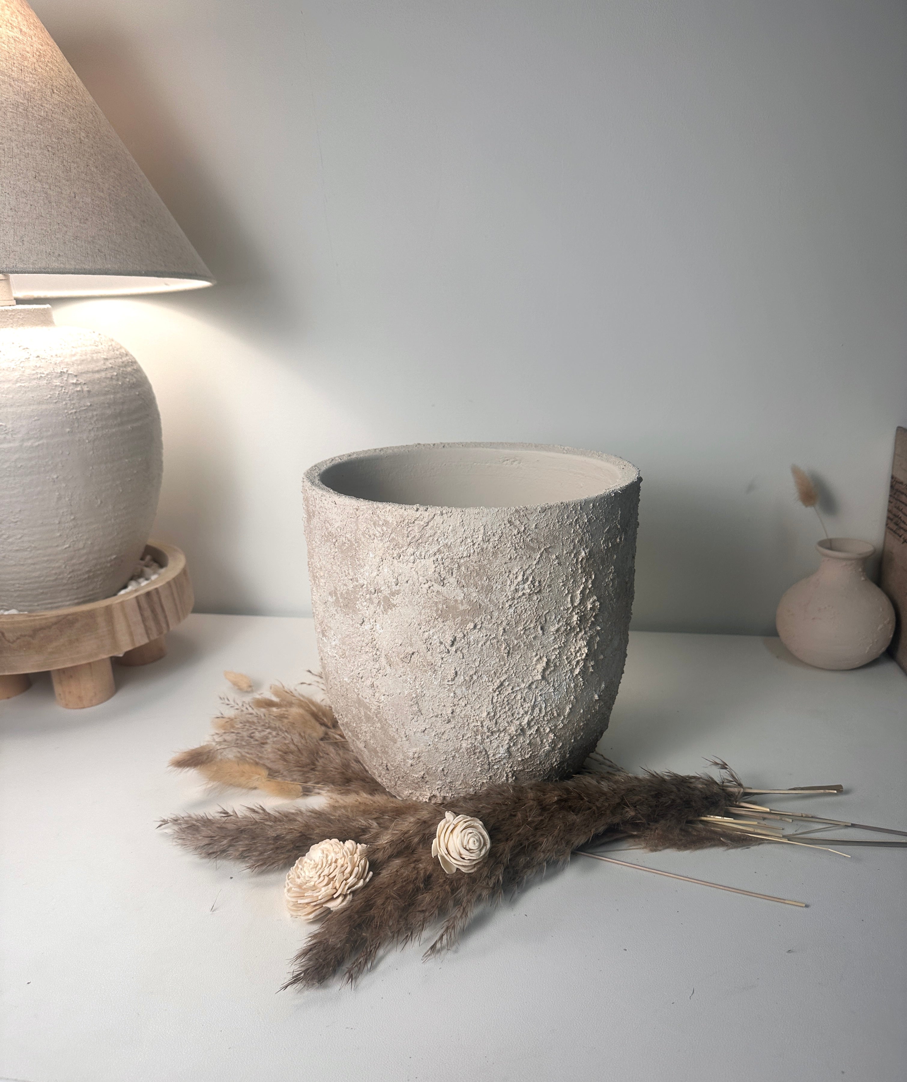 9" tall Minimalist Hand-Painted & Textured Planter Pot with drainage hole - Cream Sand wash