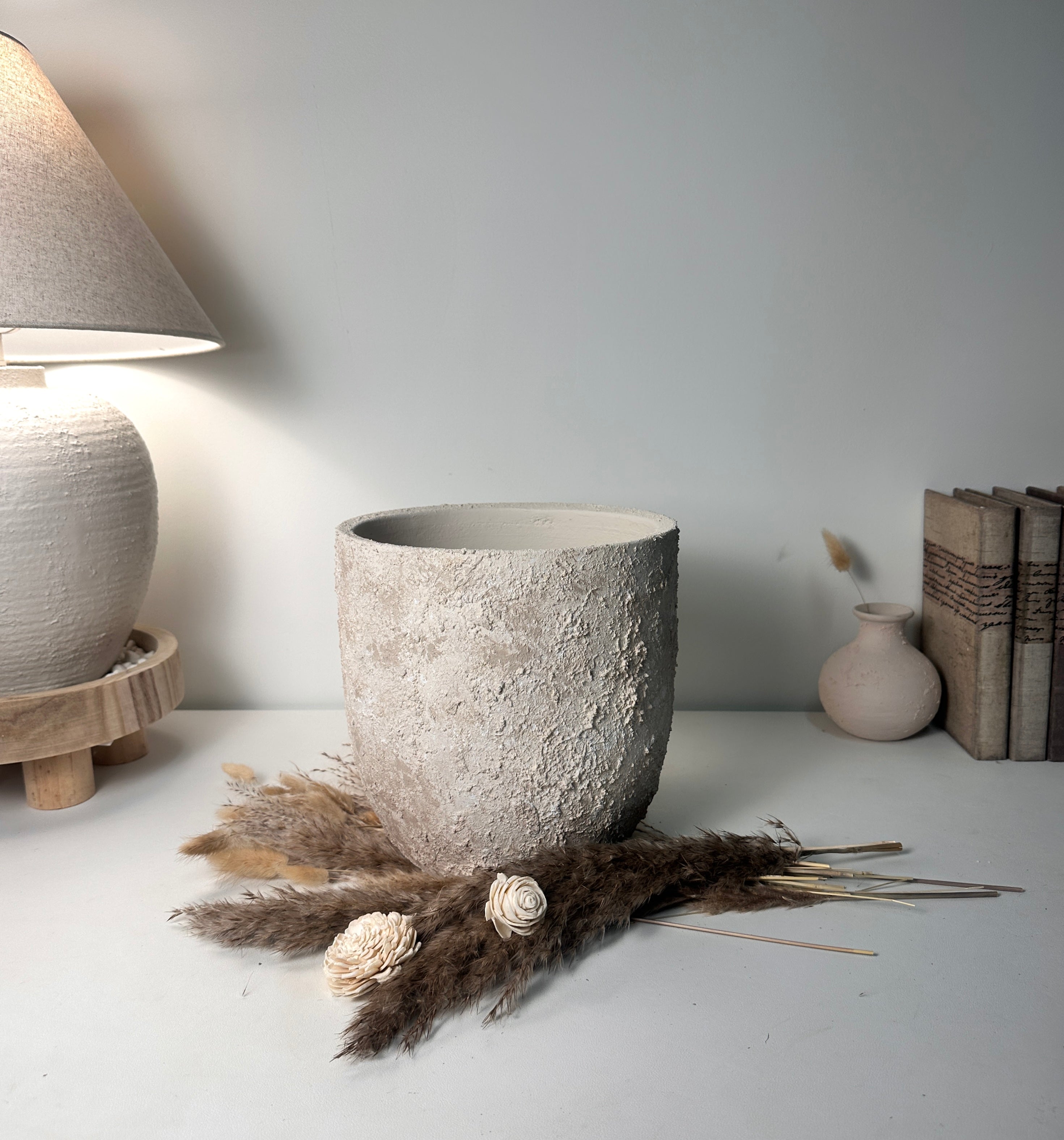 9" tall Minimalist Hand-Painted & Textured Planter Pot with drainage hole - Cream Sand wash