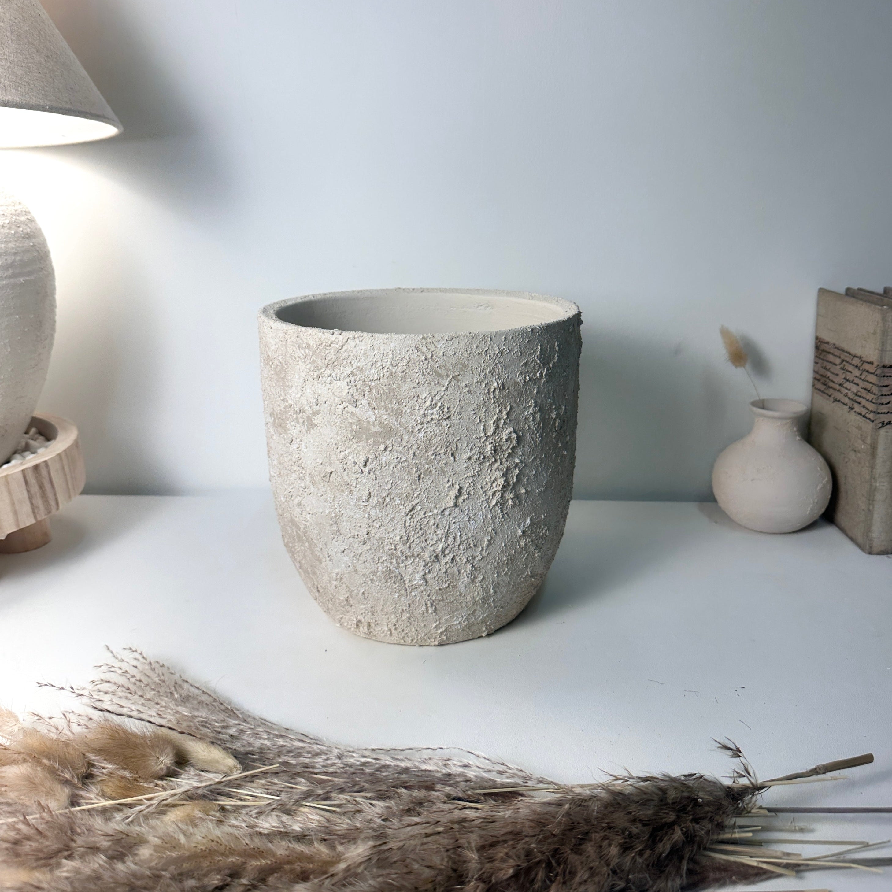 9" tall Minimalist Hand-Painted & Textured Planter Pot with drainage hole - Cream Sand wash