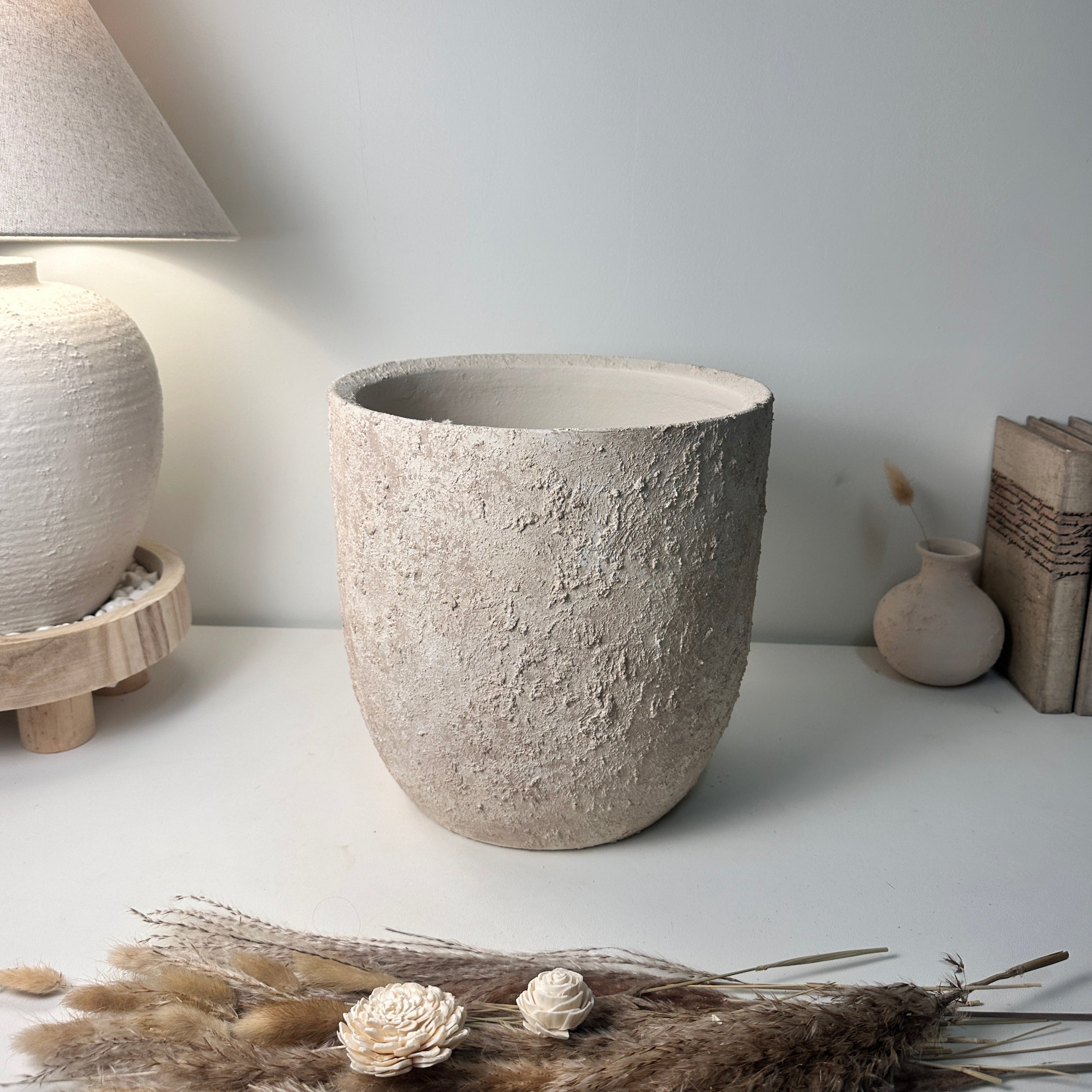 11" tall Minimalist Hand-Painted & Textured Planter Pot with drainage hole - Cream Sand wash