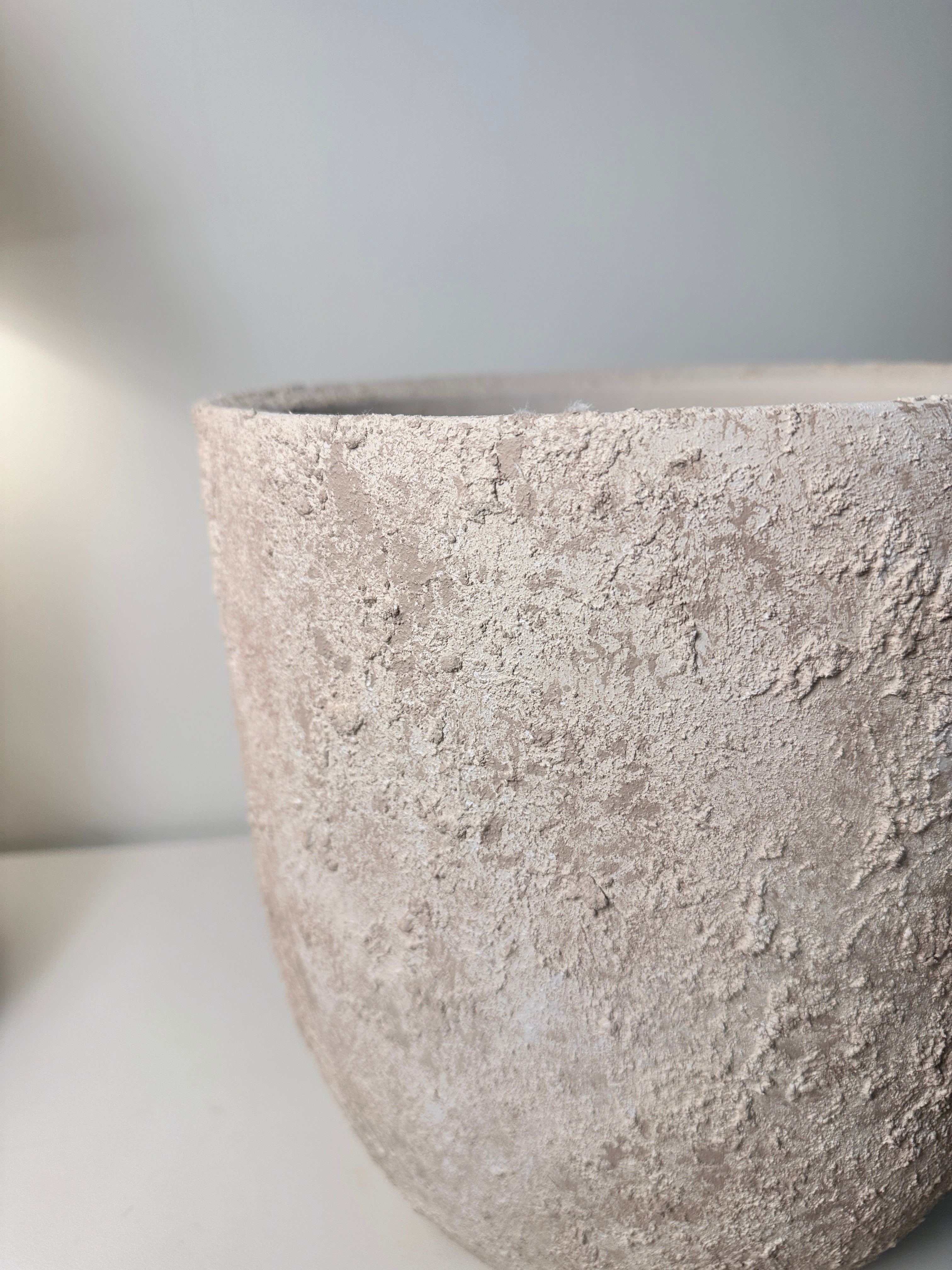 11" tall Minimalist Hand-Painted & Textured Planter Pot with drainage hole - Cream Sand wash