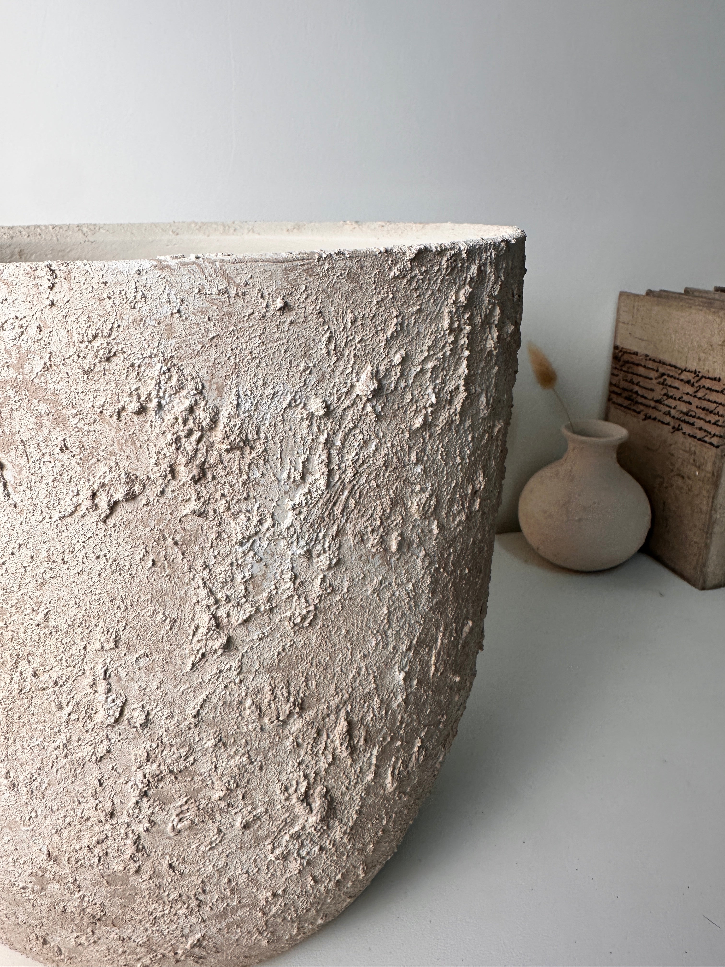 11" tall Minimalist Hand-Painted & Textured Planter Pot with drainage hole - Cream Sand wash