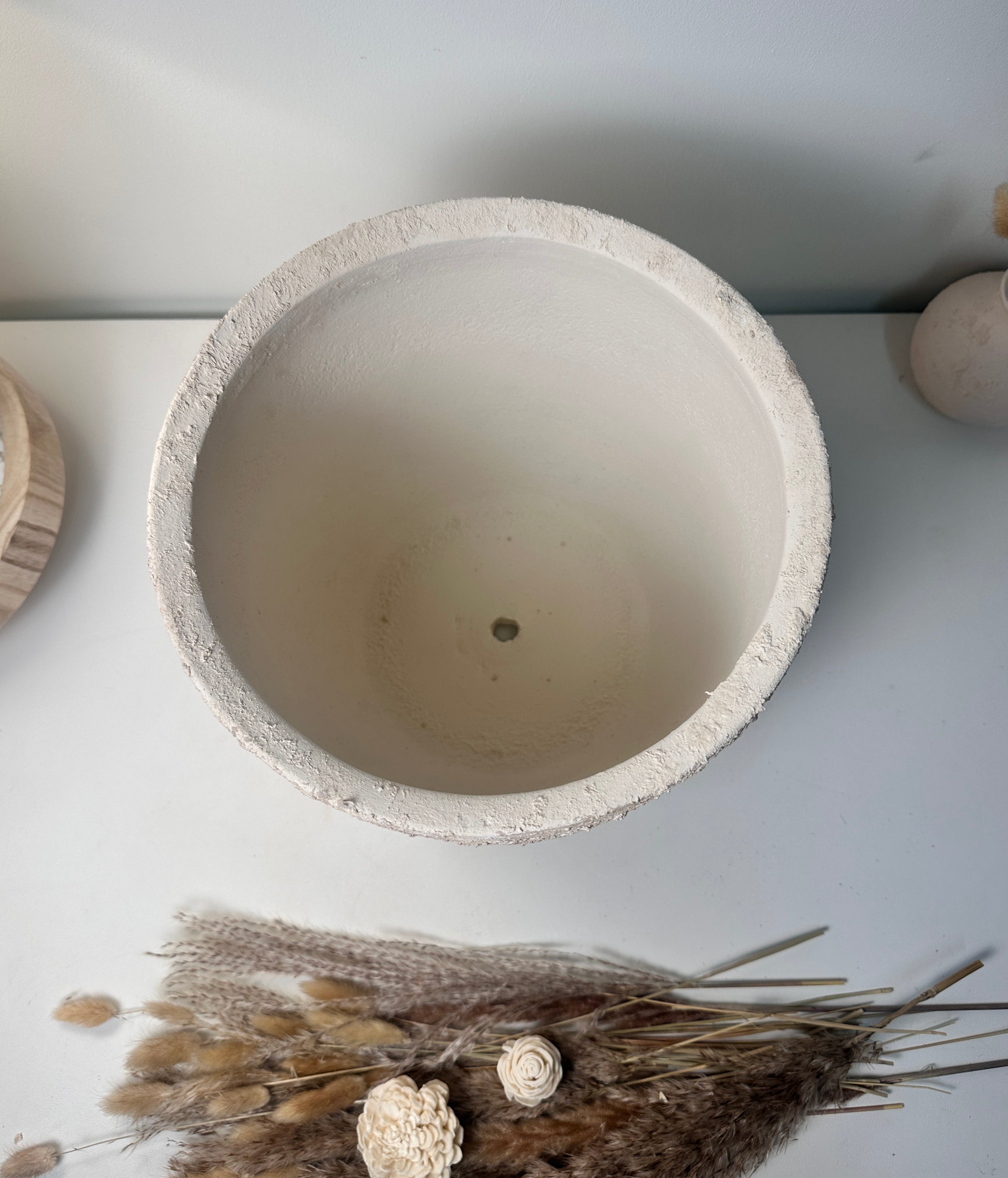11" tall Minimalist Hand-Painted & Textured Planter Pot with drainage hole - Cream Sand wash