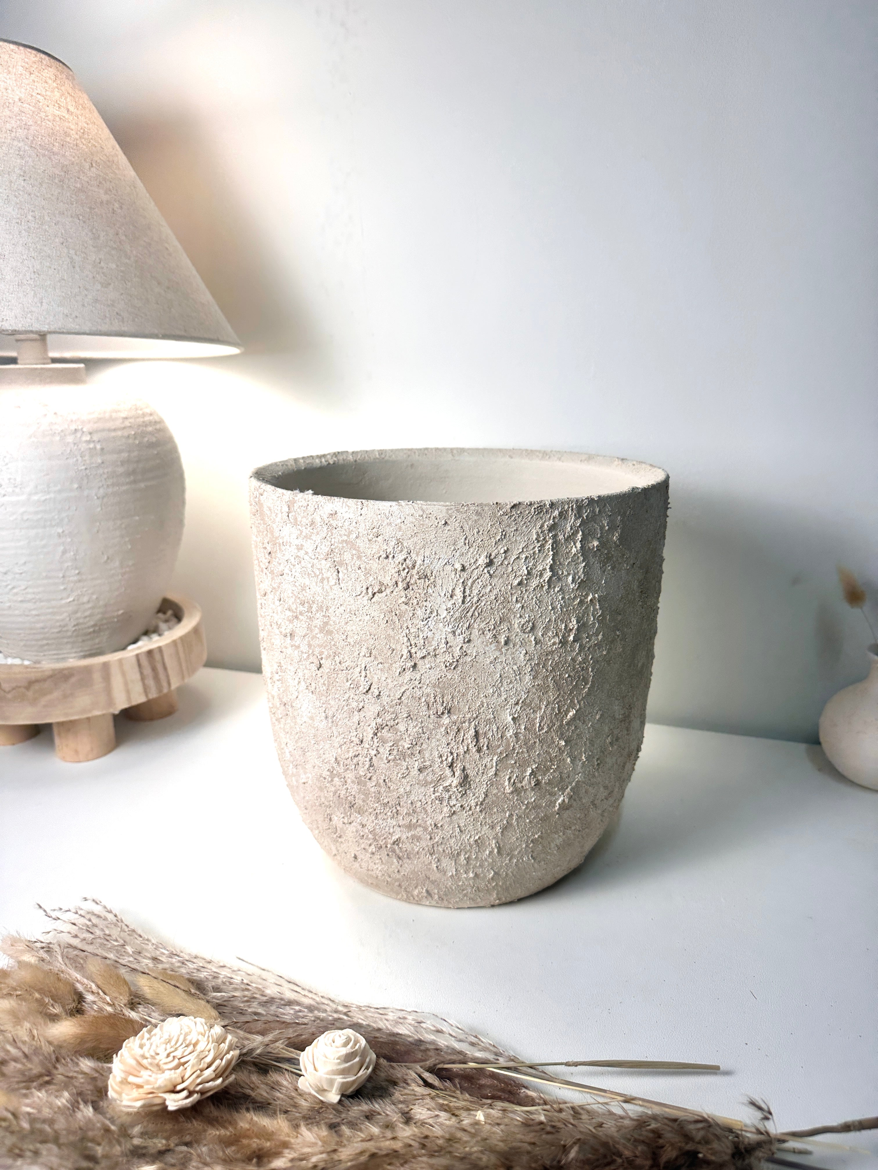 11" tall Minimalist Hand-Painted & Textured Planter Pot with drainage hole - Cream Sand wash