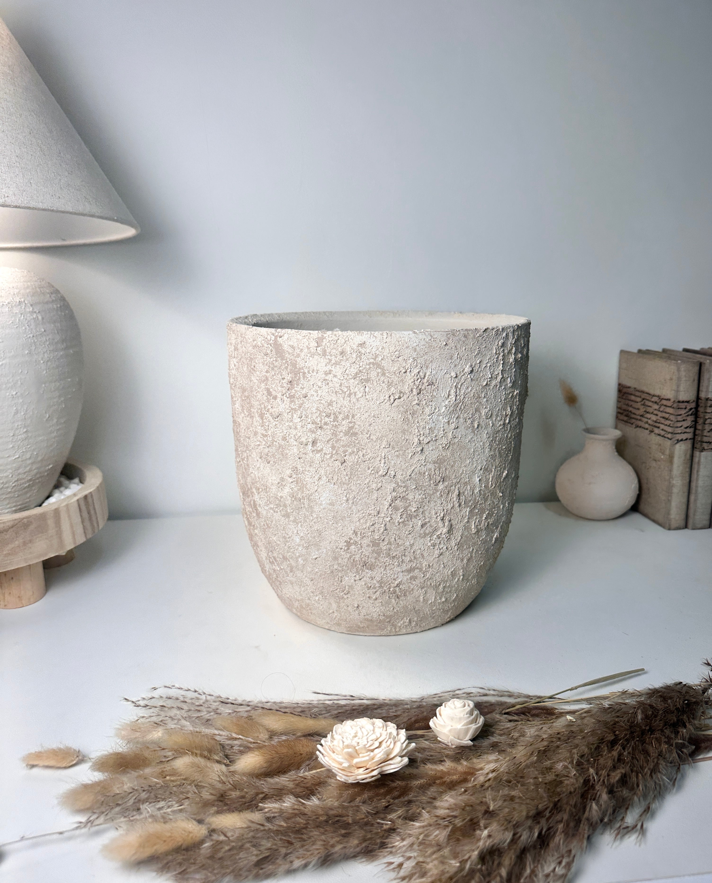 11" tall Minimalist Hand-Painted & Textured Planter Pot with drainage hole - Cream Sand wash