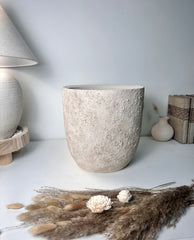 11" tall Minimalist Hand-Painted & Textured Planter Pot with drainage hole - Cream Sand wash