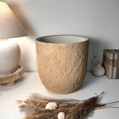 13.5" Minimalist Hand-Painted & Textured Planter Pot with Drainage Hole - Tan Beige I