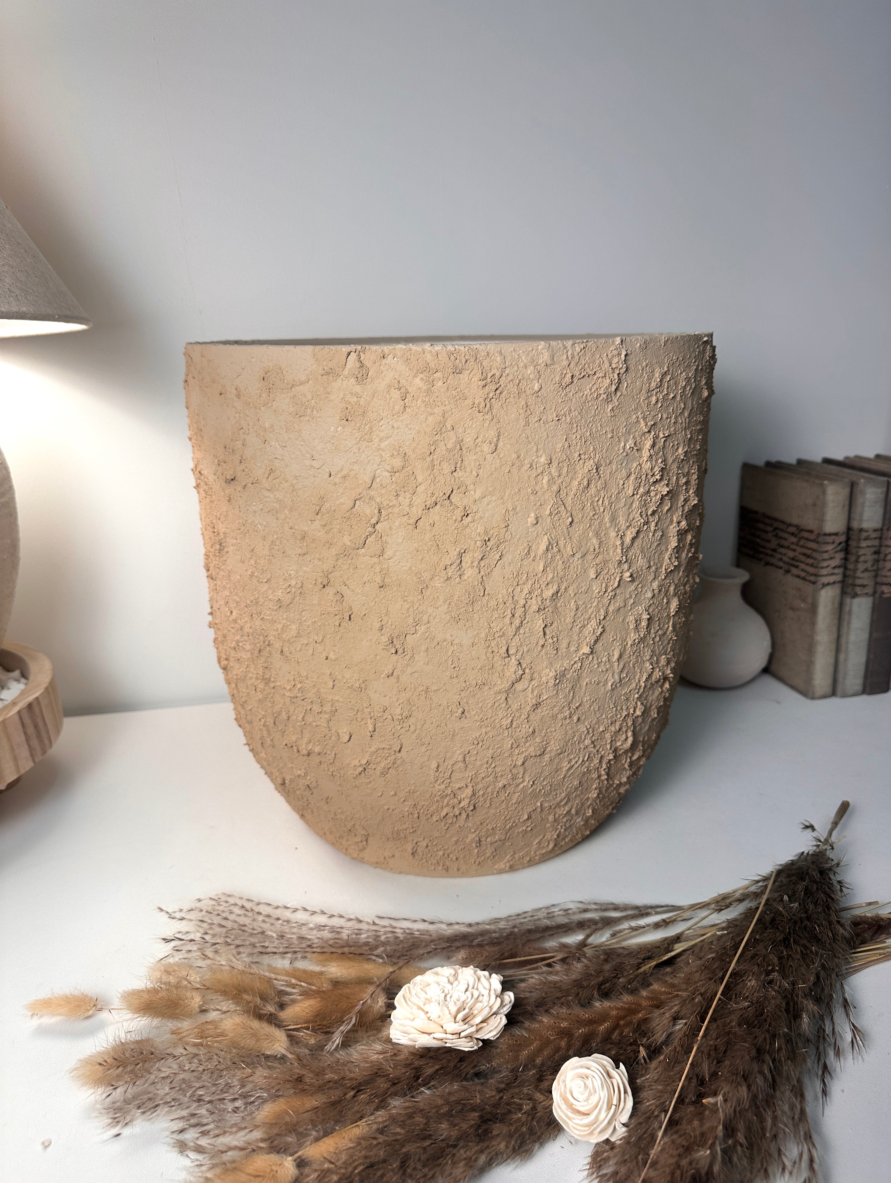 13.5" Minimalist Hand-Painted & Textured Planter Pot with Drainage Hole - Tan Beige I
