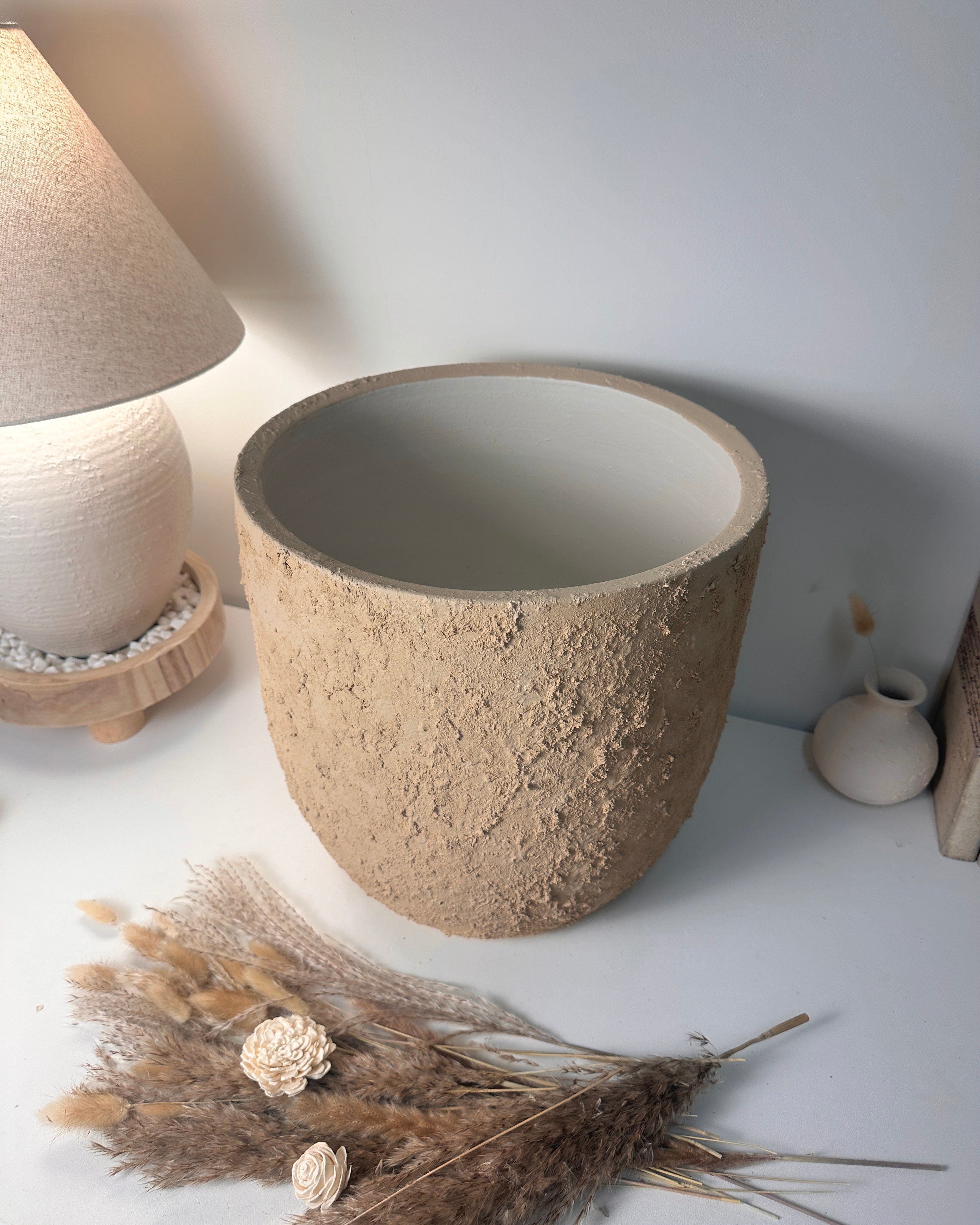 13.5" Minimalist Hand-Painted & Textured Planter Pot with Drainage Hole - Tan Beige I
