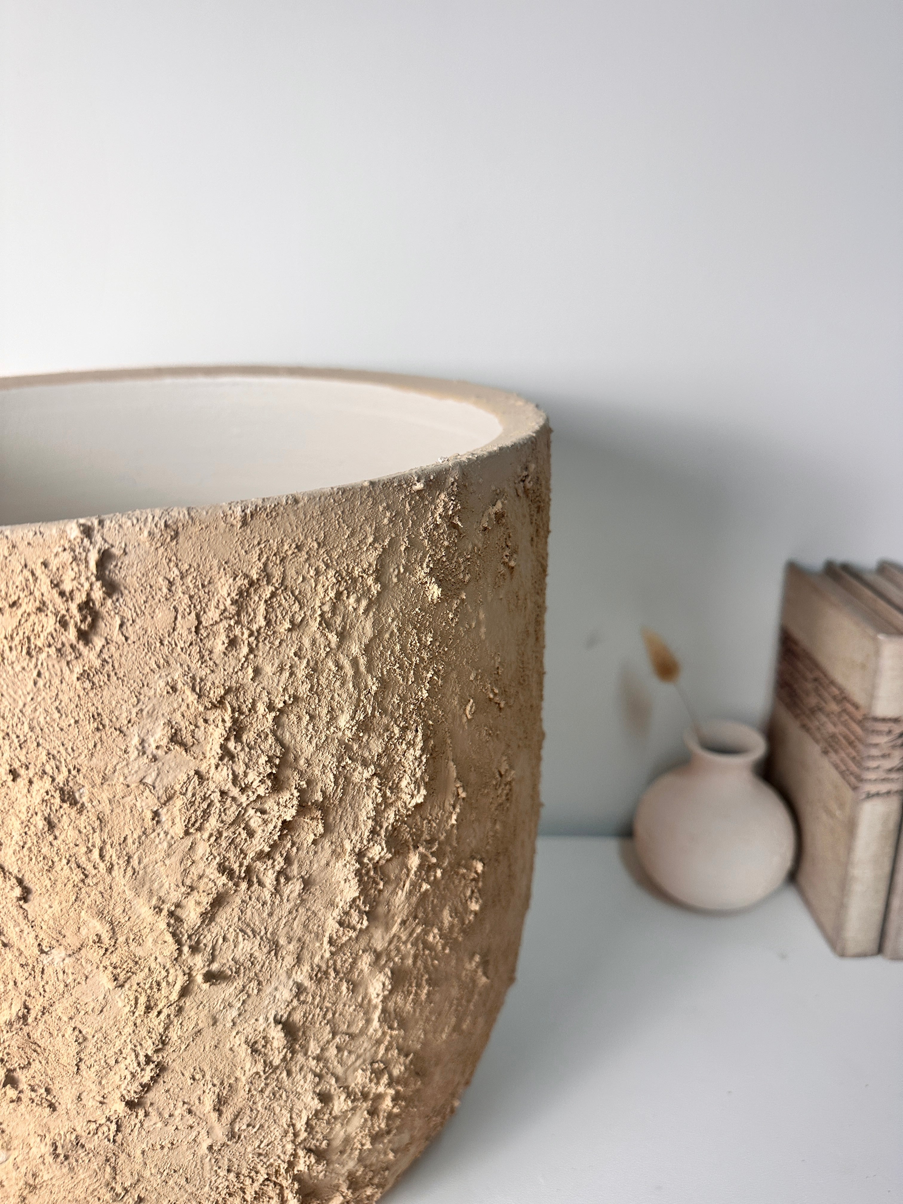 13.5" Minimalist Hand-Painted & Textured Planter Pot with Drainage Hole - Tan Beige I