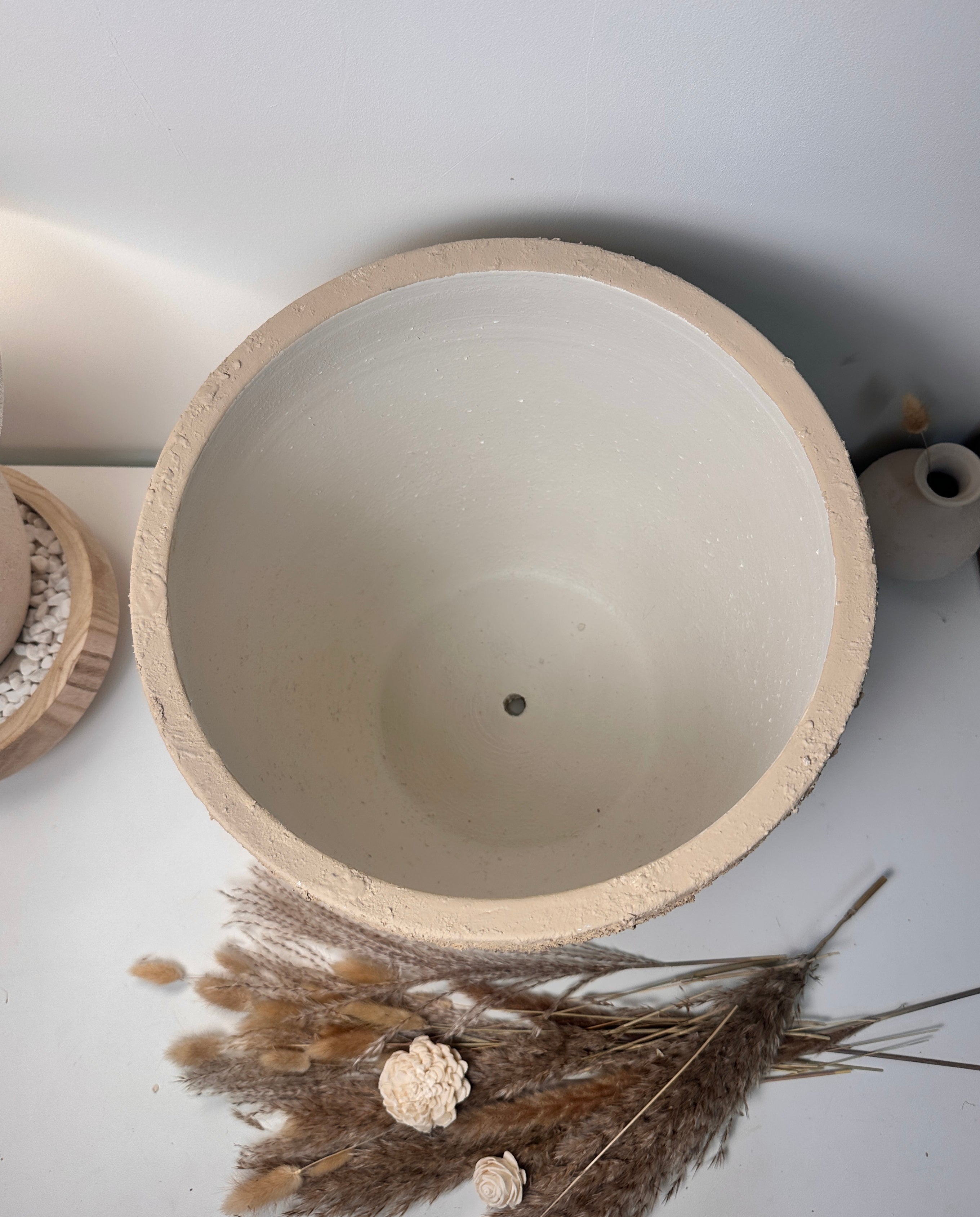 13.5" Minimalist Hand-Painted & Textured Planter Pot with Drainage Hole - Tan Beige I