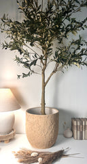 13.5" Minimalist Hand-Painted & Textured Planter Pot with Drainage Hole - Tan Beige I