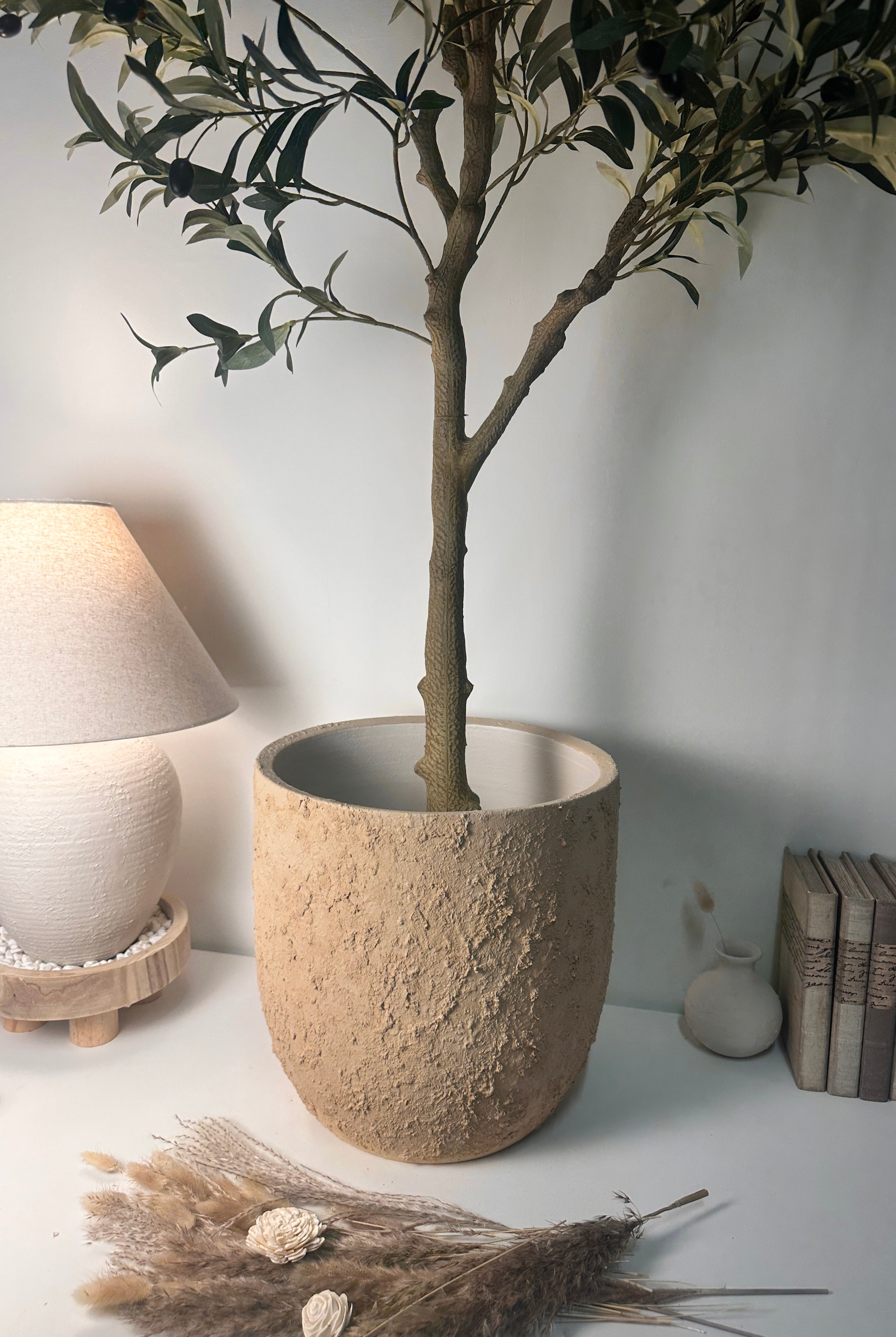 13.5" Minimalist Hand-Painted & Textured Planter Pot with Drainage Hole - Tan Beige I