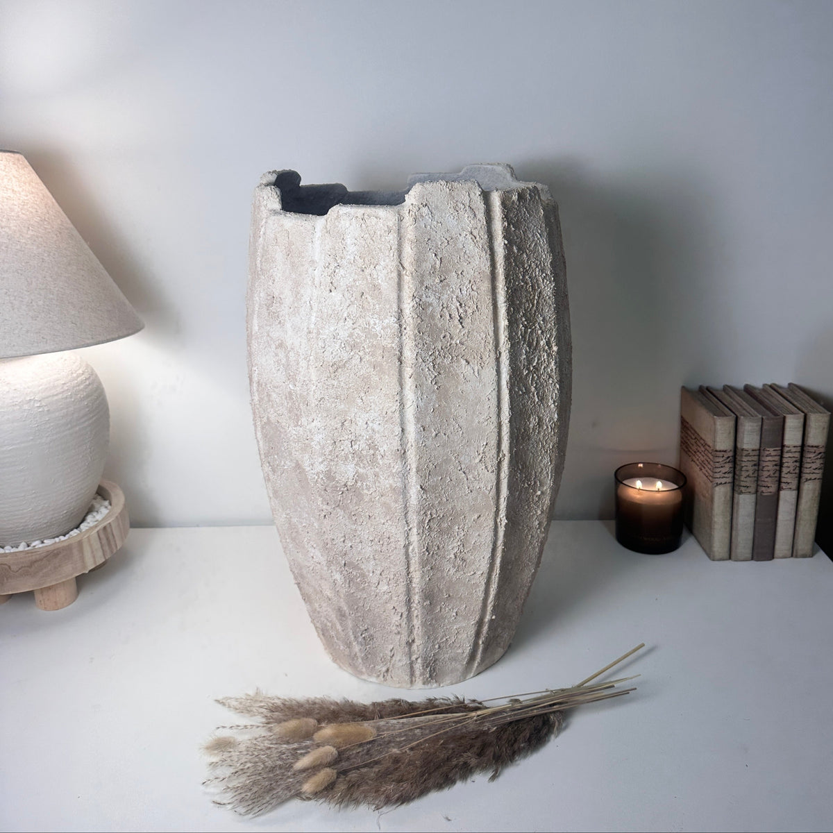 22" tall Minimalist Hand-Painted & Textured Planter Pot with drainage hole - Cream Sand wash