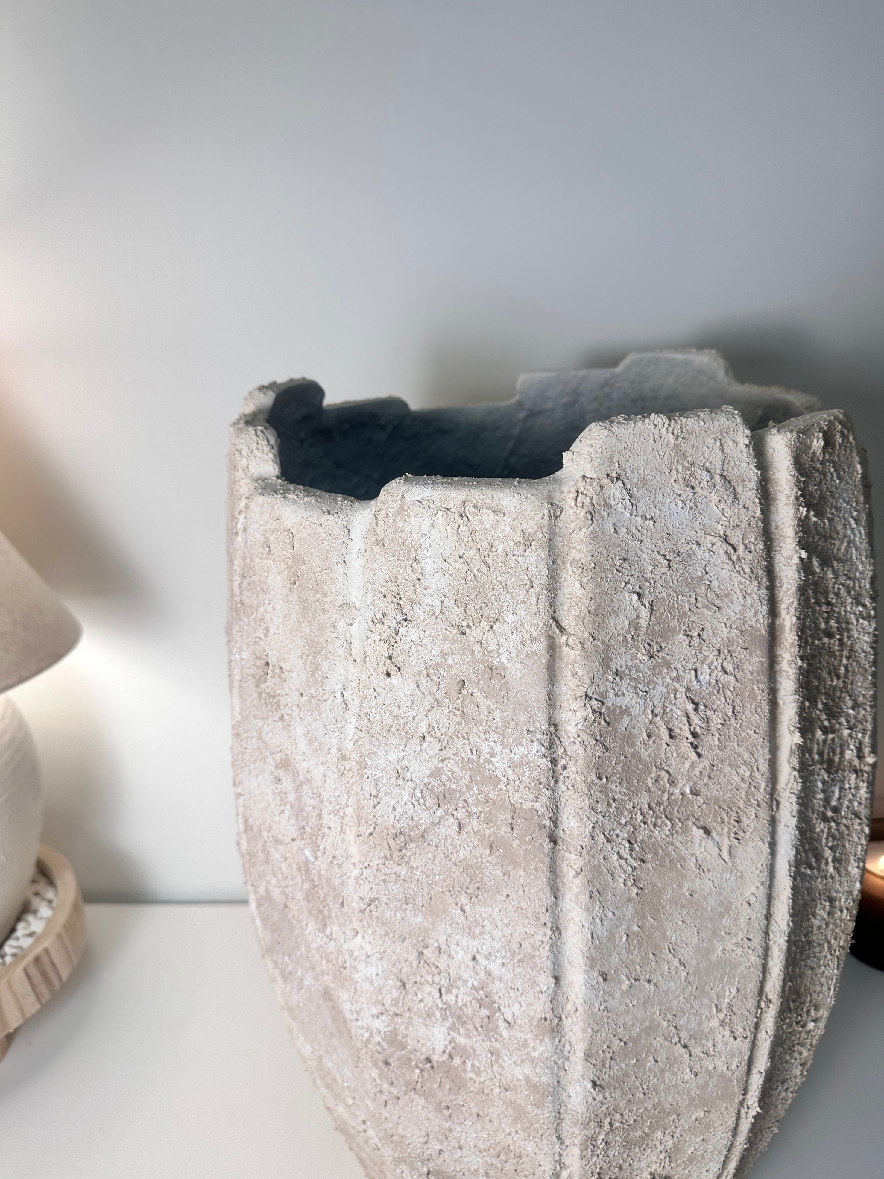 22" tall Minimalist Hand-Painted & Textured Planter Pot with drainage hole - Cream Sand wash