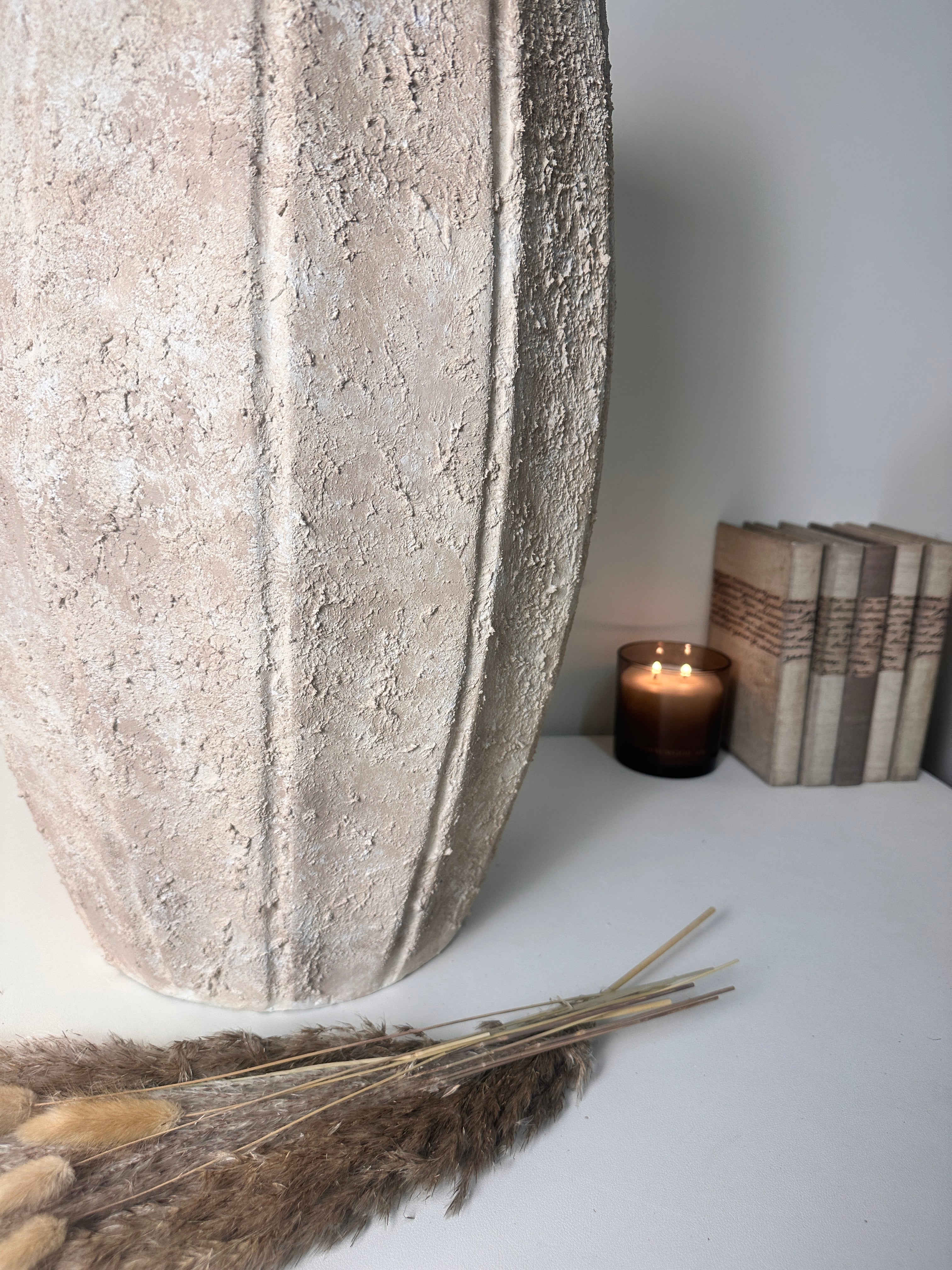 22" tall Minimalist Hand-Painted & Textured Planter Pot with drainage hole - Cream Sand wash