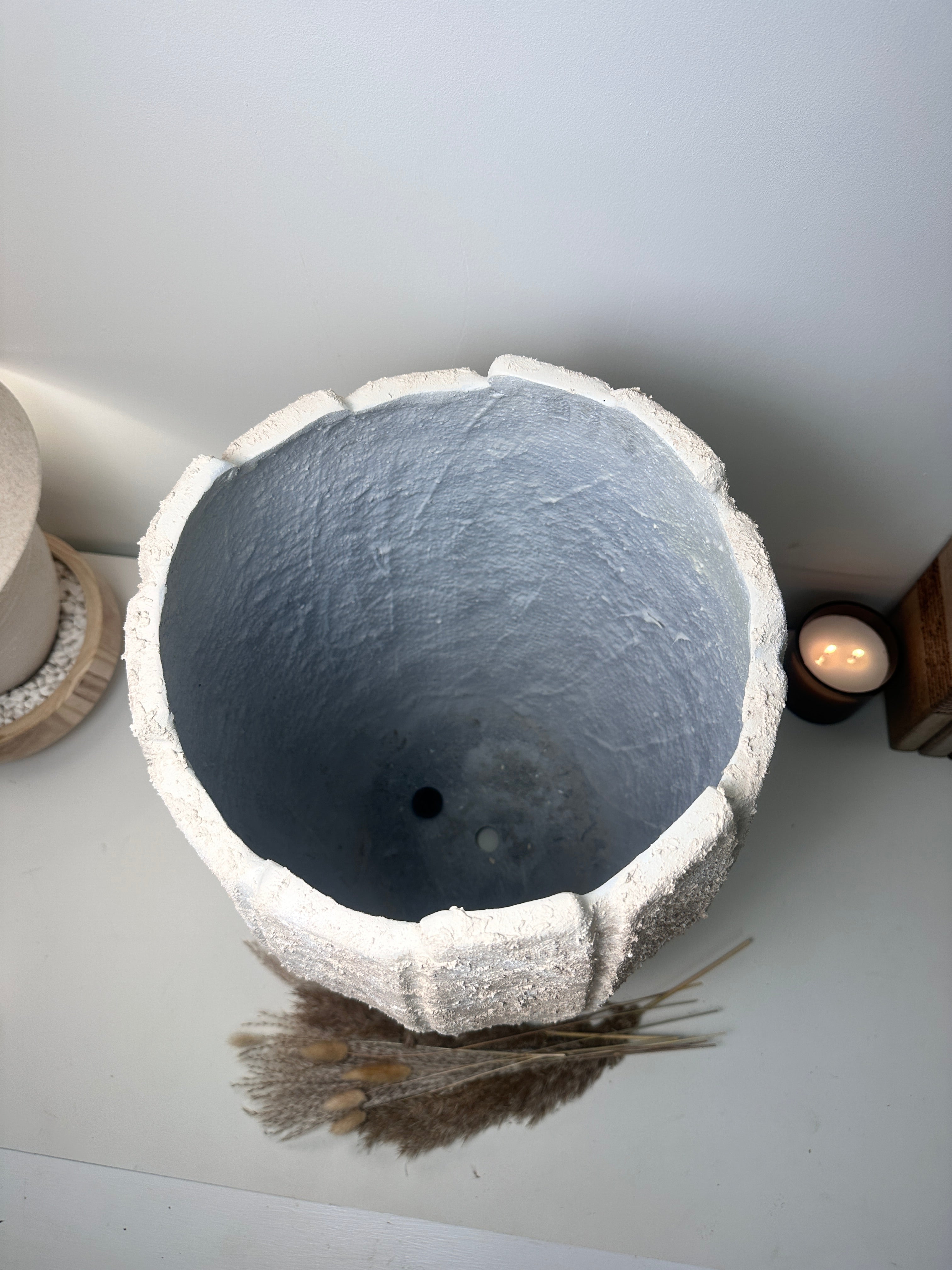 22" tall Minimalist Hand-Painted & Textured Planter Pot with drainage hole - Cream Sand wash