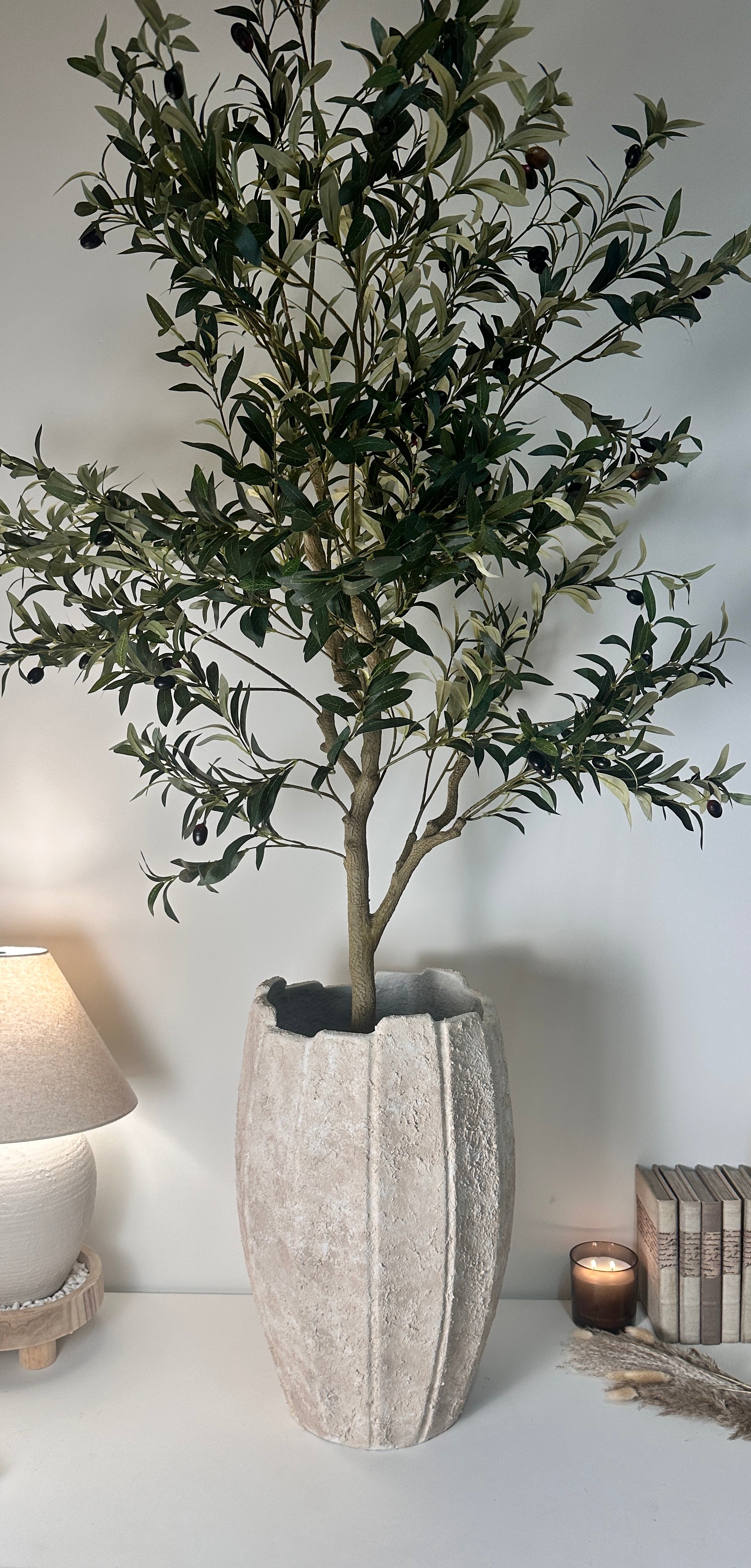 22" tall Minimalist Hand-Painted & Textured Planter Pot with drainage hole - Cream Sand wash