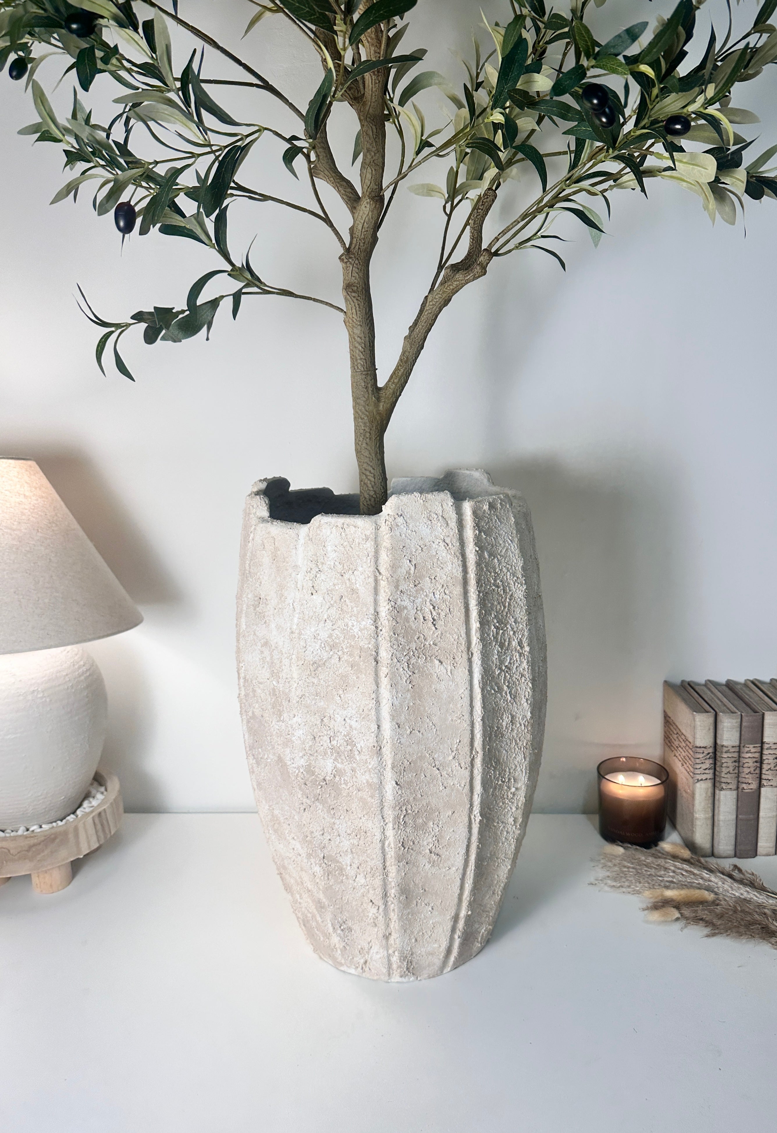22" tall Minimalist Hand-Painted & Textured Planter Pot with drainage hole - Cream Sand wash
