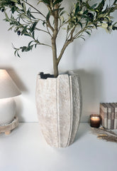 22" tall Minimalist Hand-Painted & Textured Planter Pot with drainage hole - Cream Sand wash