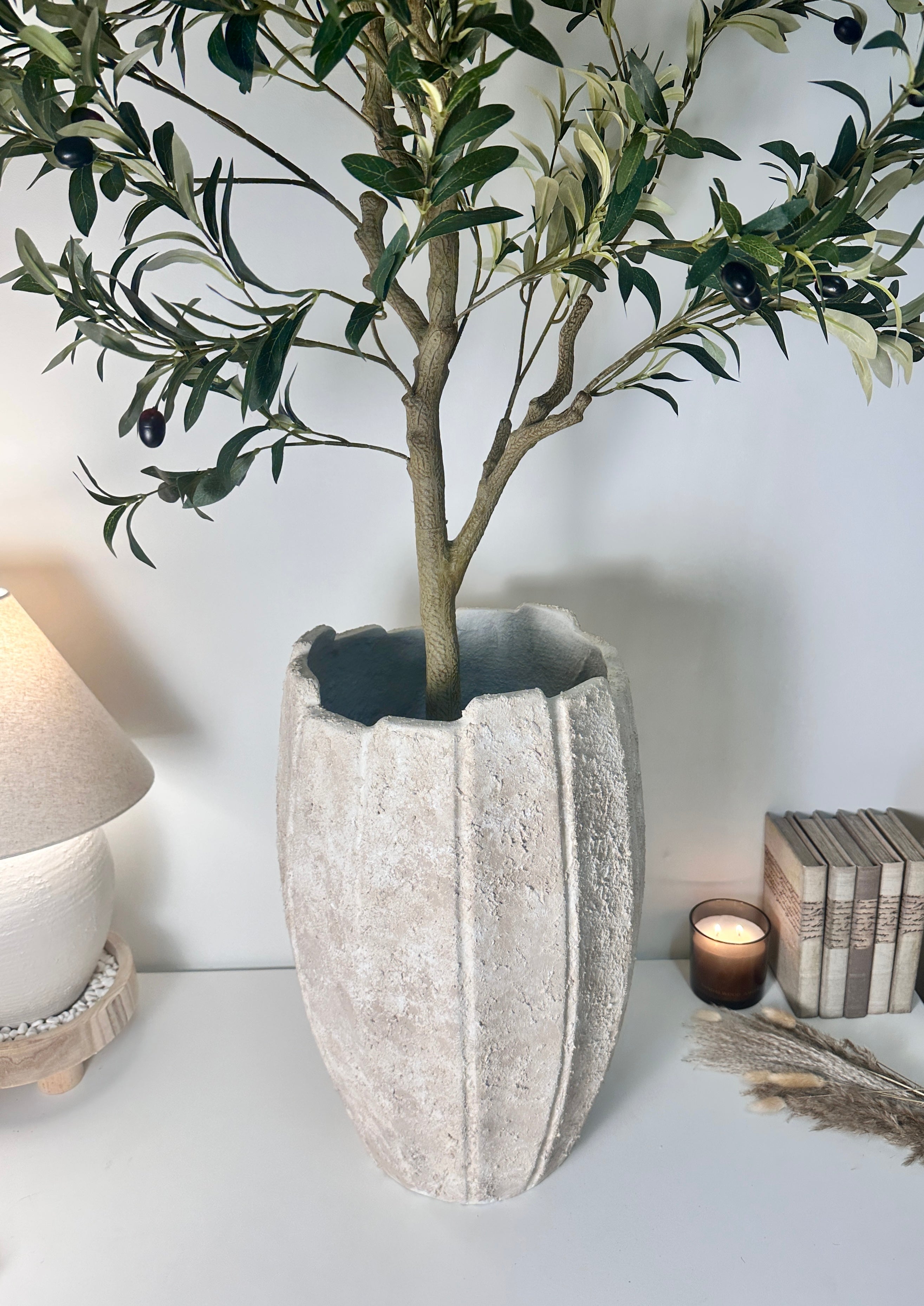 22" tall Minimalist Hand-Painted & Textured Planter Pot with drainage hole - Cream Sand wash