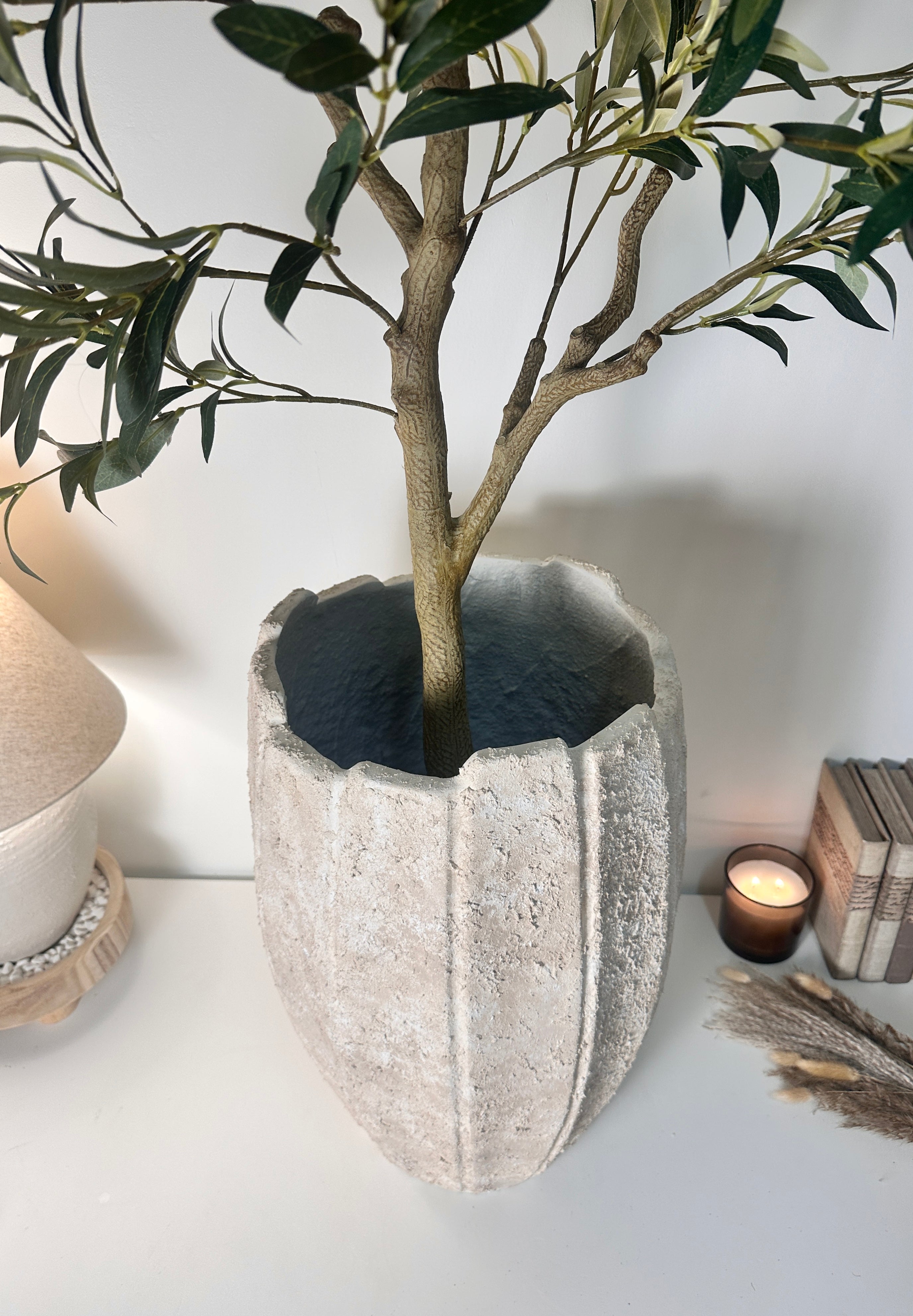 22" tall Minimalist Hand-Painted & Textured Planter Pot with drainage hole - Cream Sand wash
