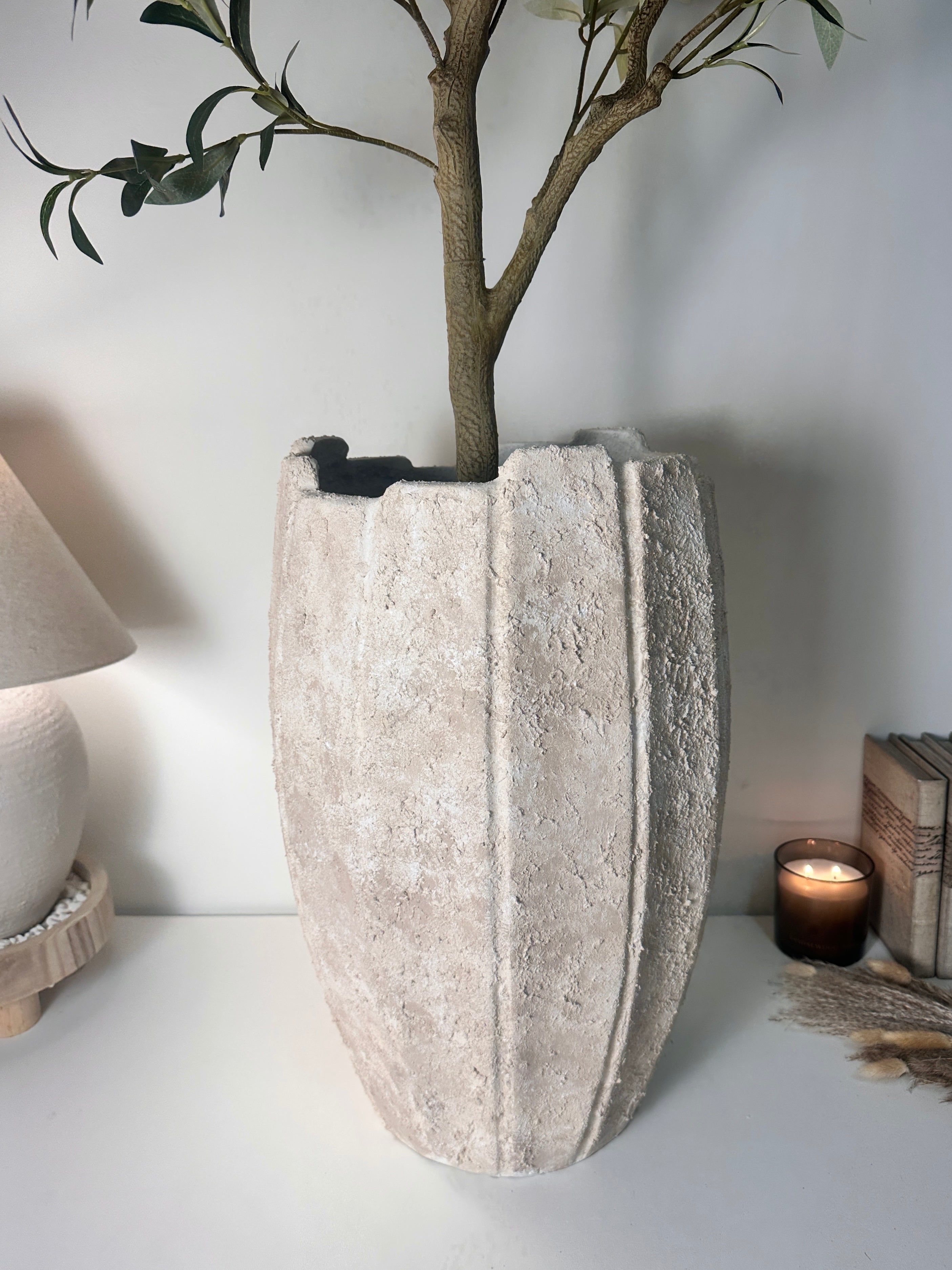22" tall Minimalist Hand-Painted & Textured Planter Pot with drainage hole - Cream Sand wash