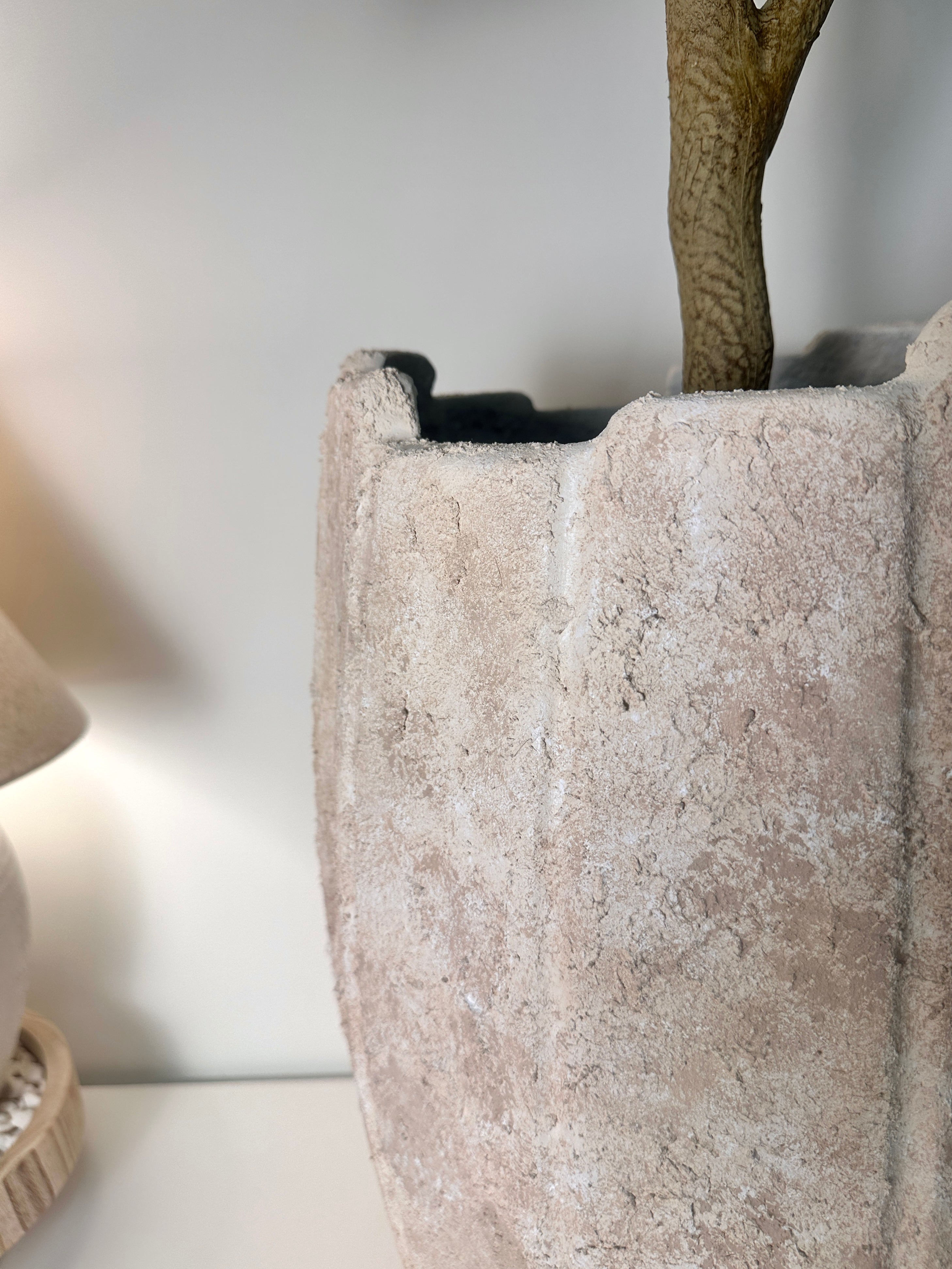 22" tall Minimalist Hand-Painted & Textured Planter Pot with drainage hole - Cream Sand wash