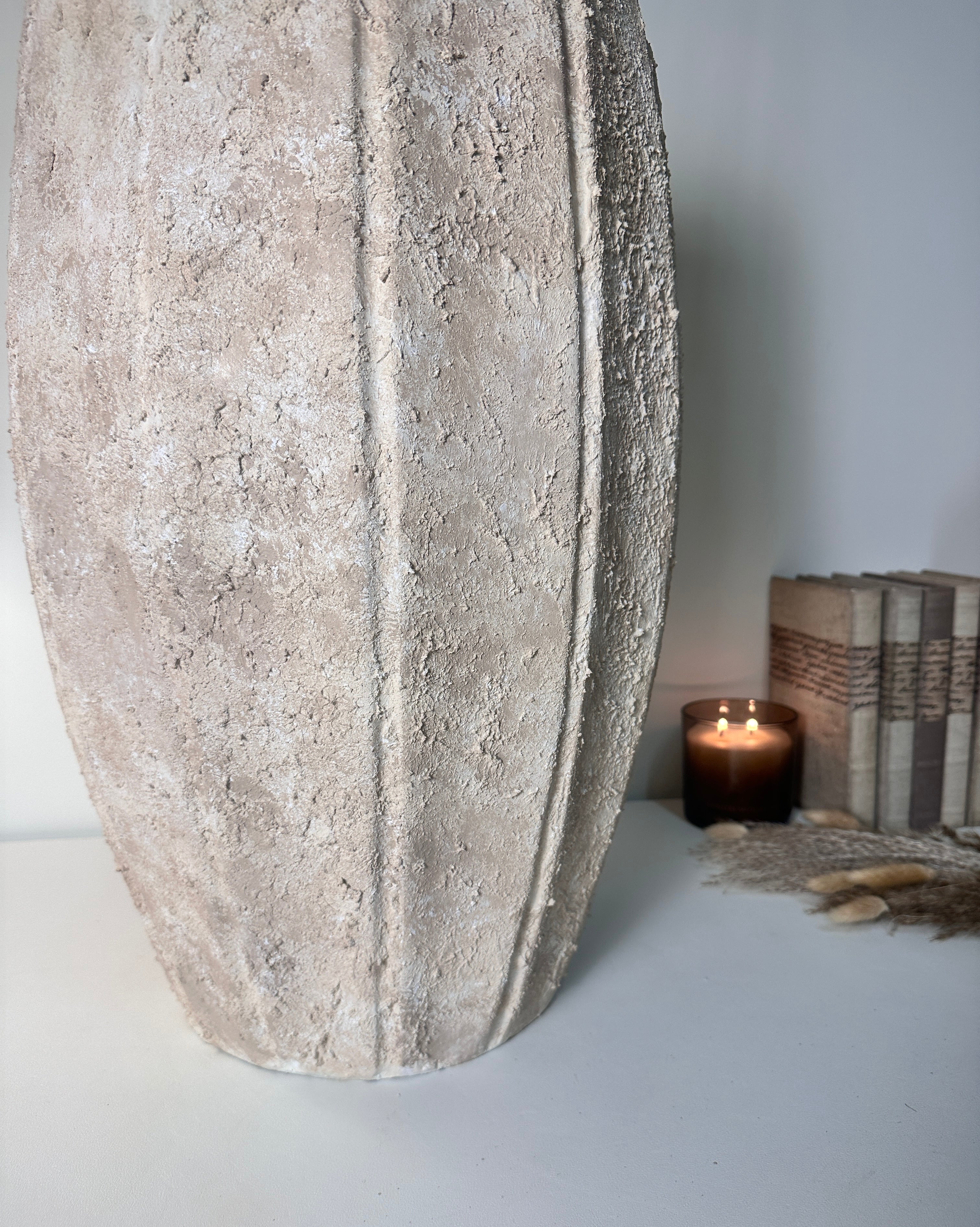 22" tall Minimalist Hand-Painted & Textured Planter Pot with drainage hole - Cream Sand wash
